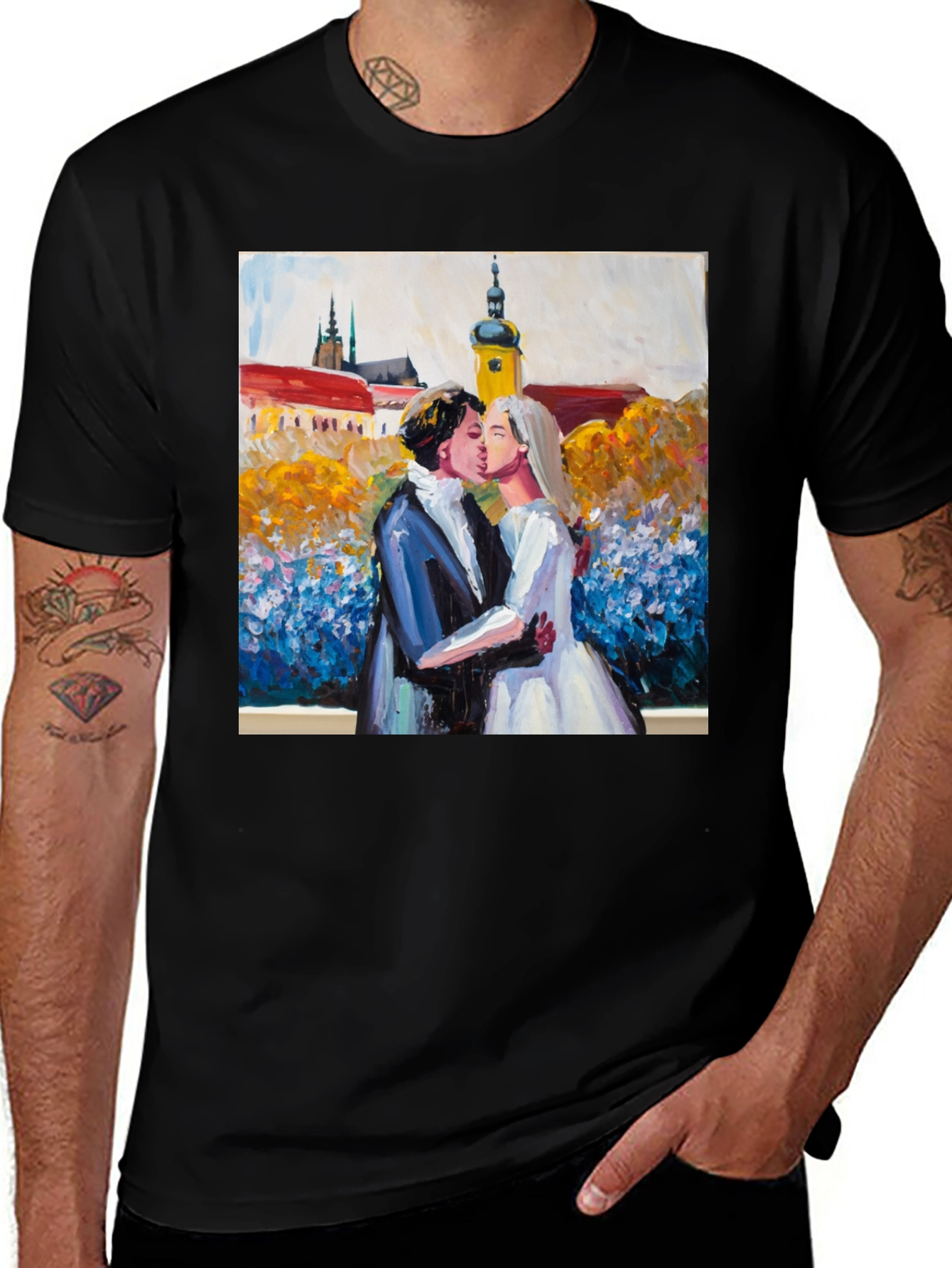 Variant 9 of Artistic Kissing Couple Graphic Tee - Black Cotton Shirt