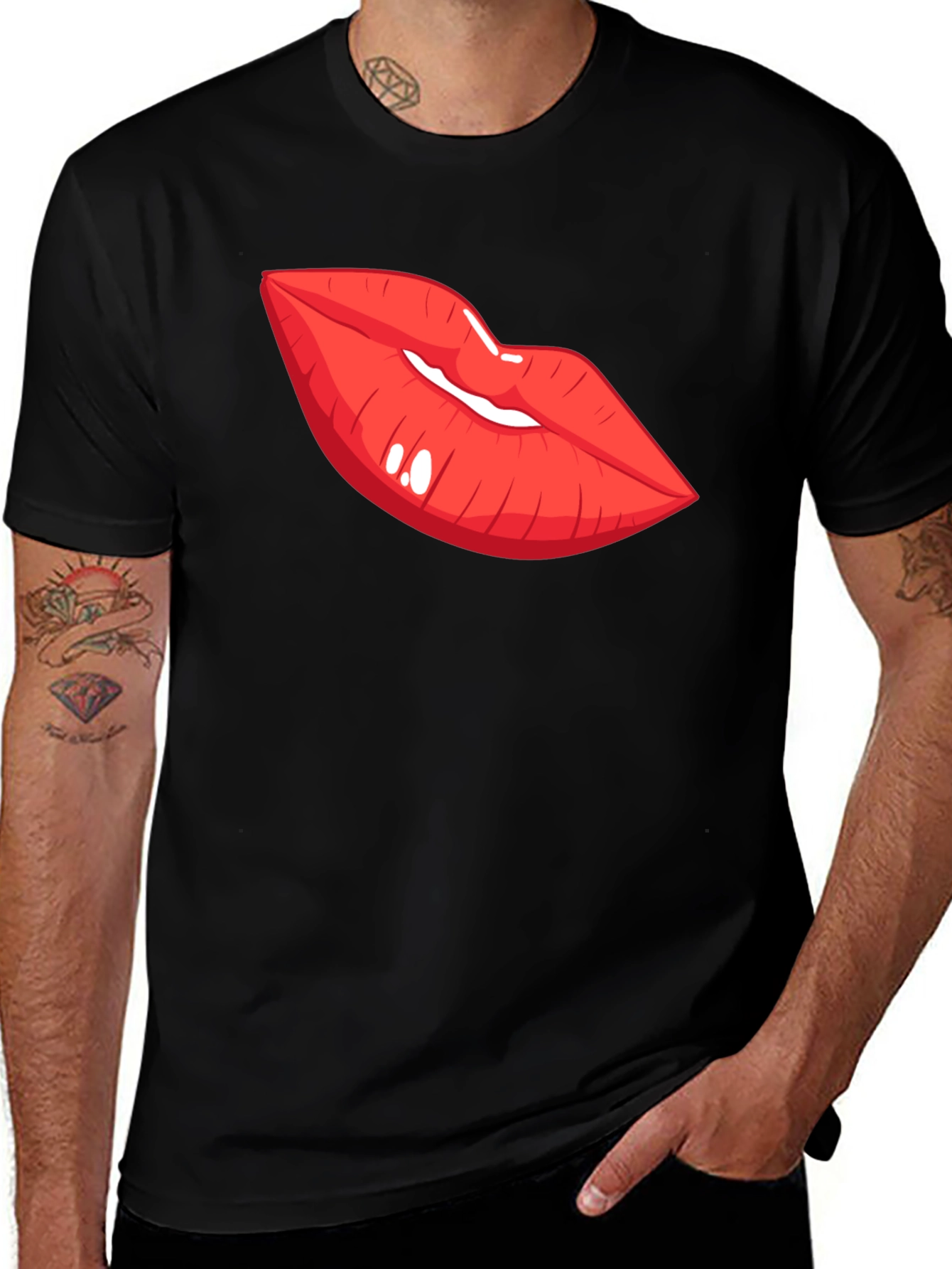 Red Lips Graphic Black T-Shirt