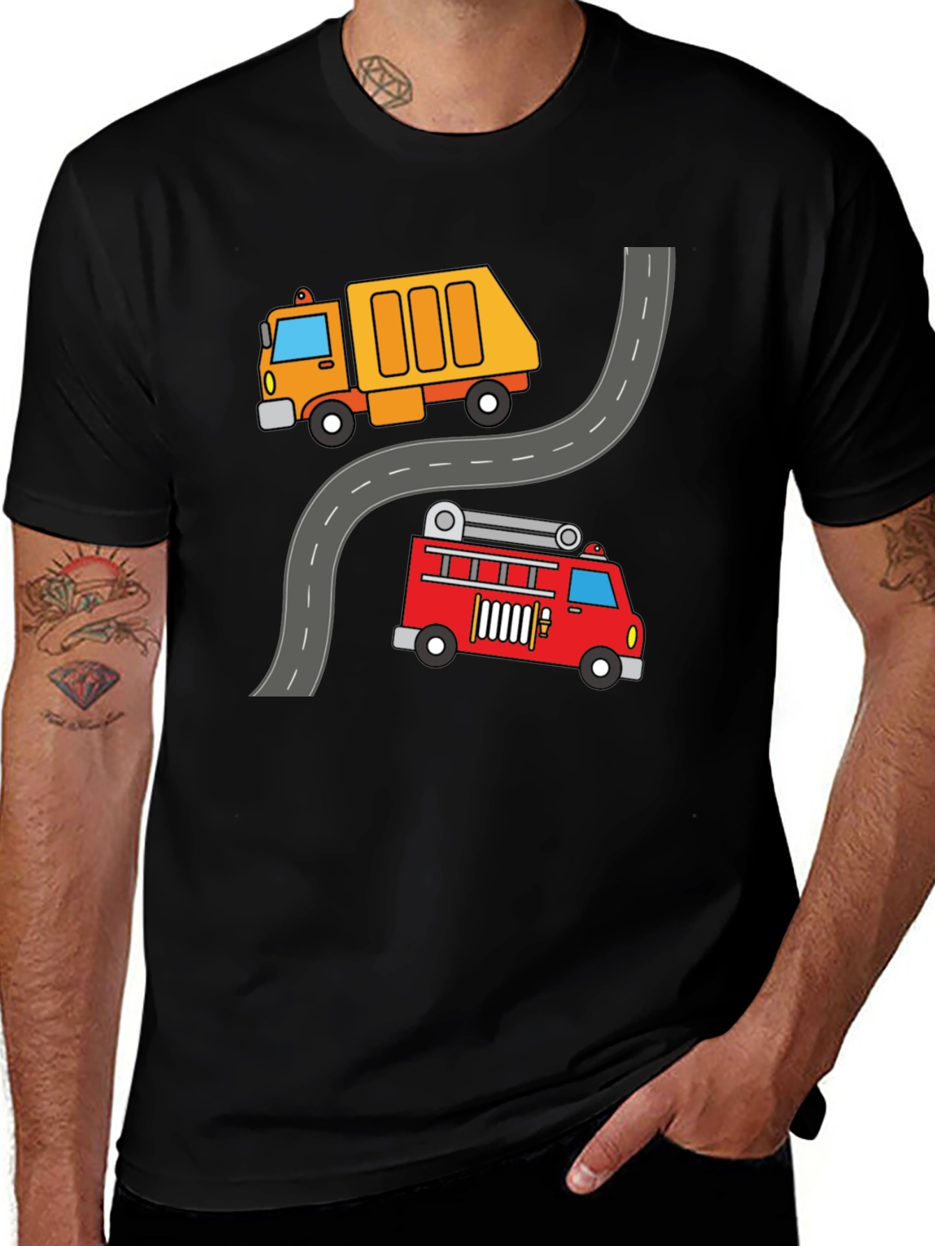 Variant 10 of Cartoon Truck & Fire Engine Black T-Shirt