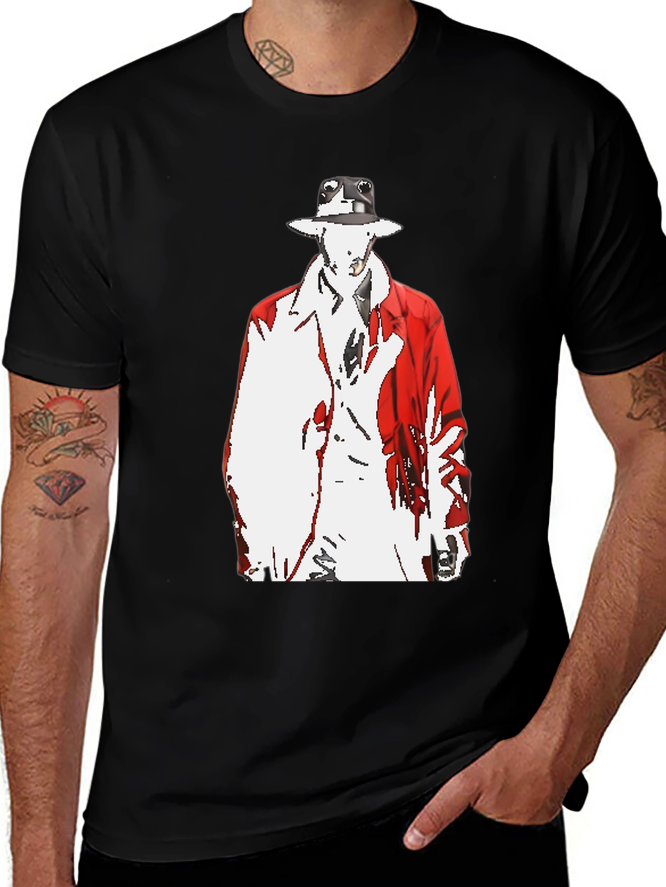 Variant 23 of Abstract Man in Red Coat Graphic Black T-Shirt