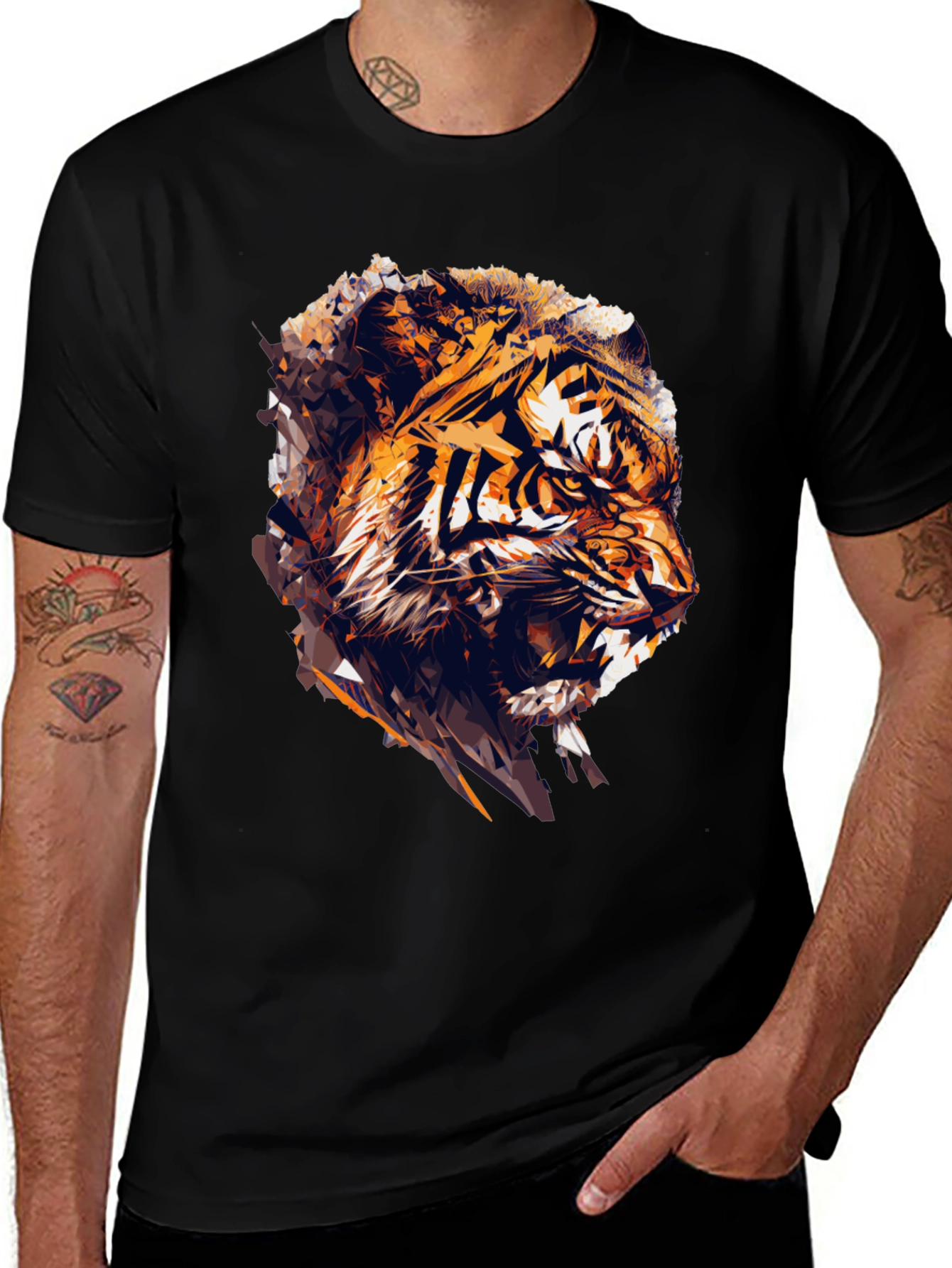 Variant 14 of Geometric Tiger Graphic Black T-Shirt