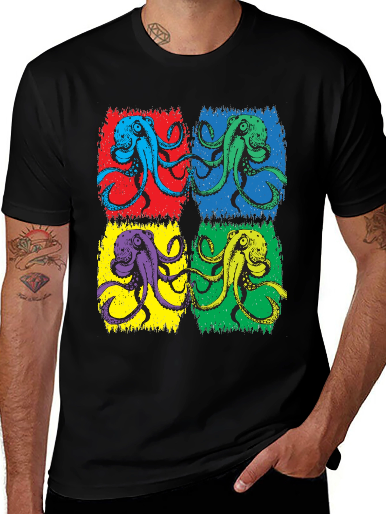 Variant 13 of Pop Art Octopus Graphic Tee - Black Cotton Blend