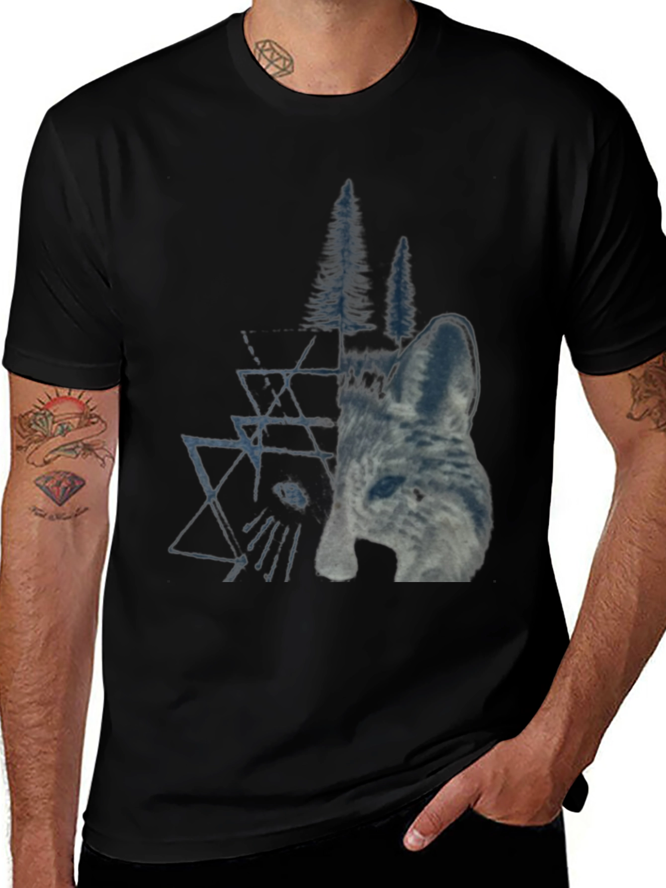 Black Geometric Wolf & Trees Graphic Tee - Black main image