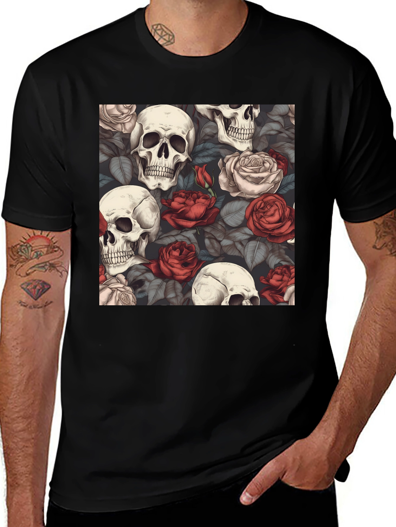 Variant 6 of Skull & Roses Graphic Tee - Gothic Style