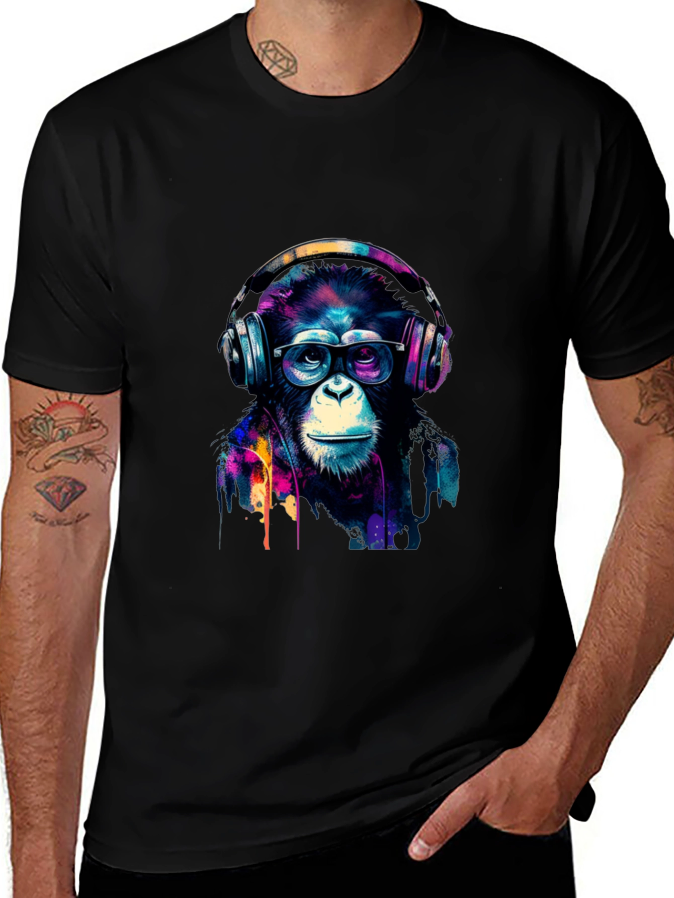 Variant 12 of Cool Monkey Headphone Graphic Black T-Shirt