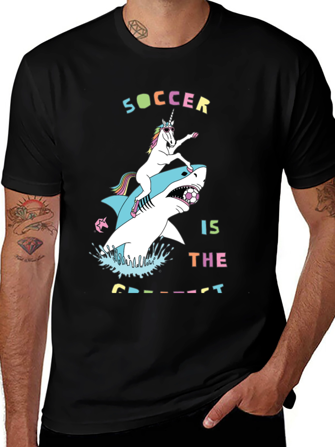 Variant 9 of Unicorn Riding Shark Soccer T-Shirt
