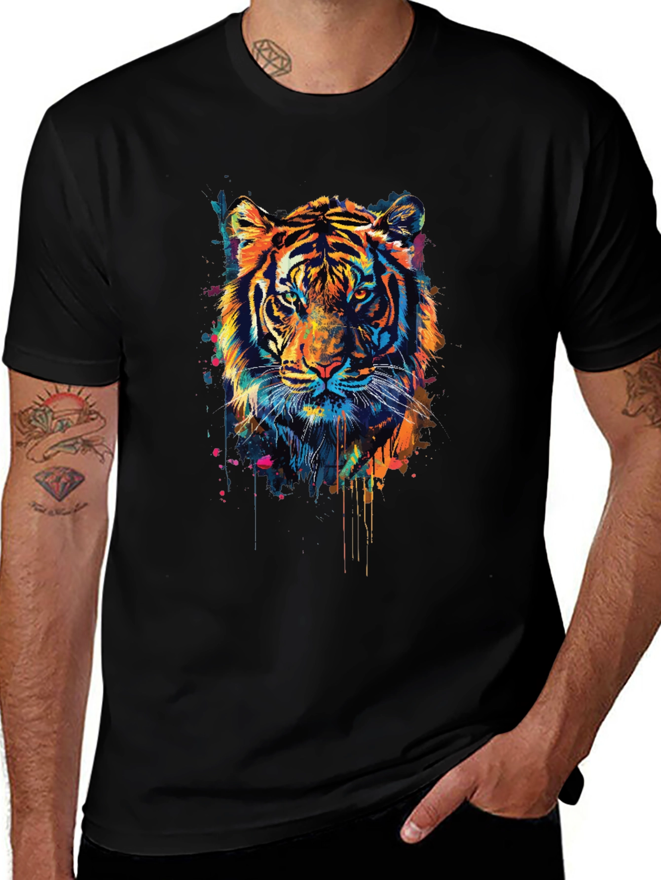 Black Colorful Tiger Graphic Tee - Men's Black T-Shirt main image