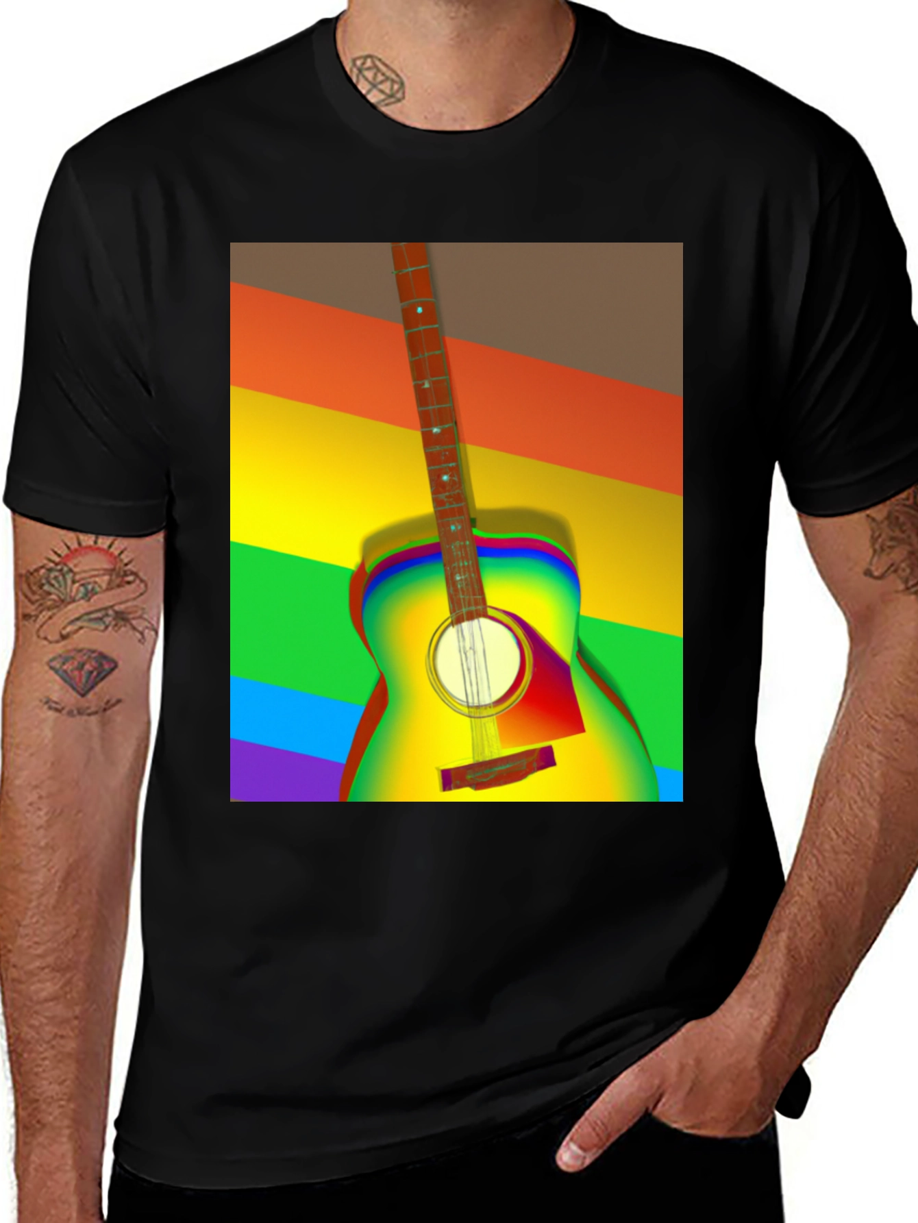 Variant 9 of Rainbow Guitar Graphic T-Shirt - Black Cotton Tee