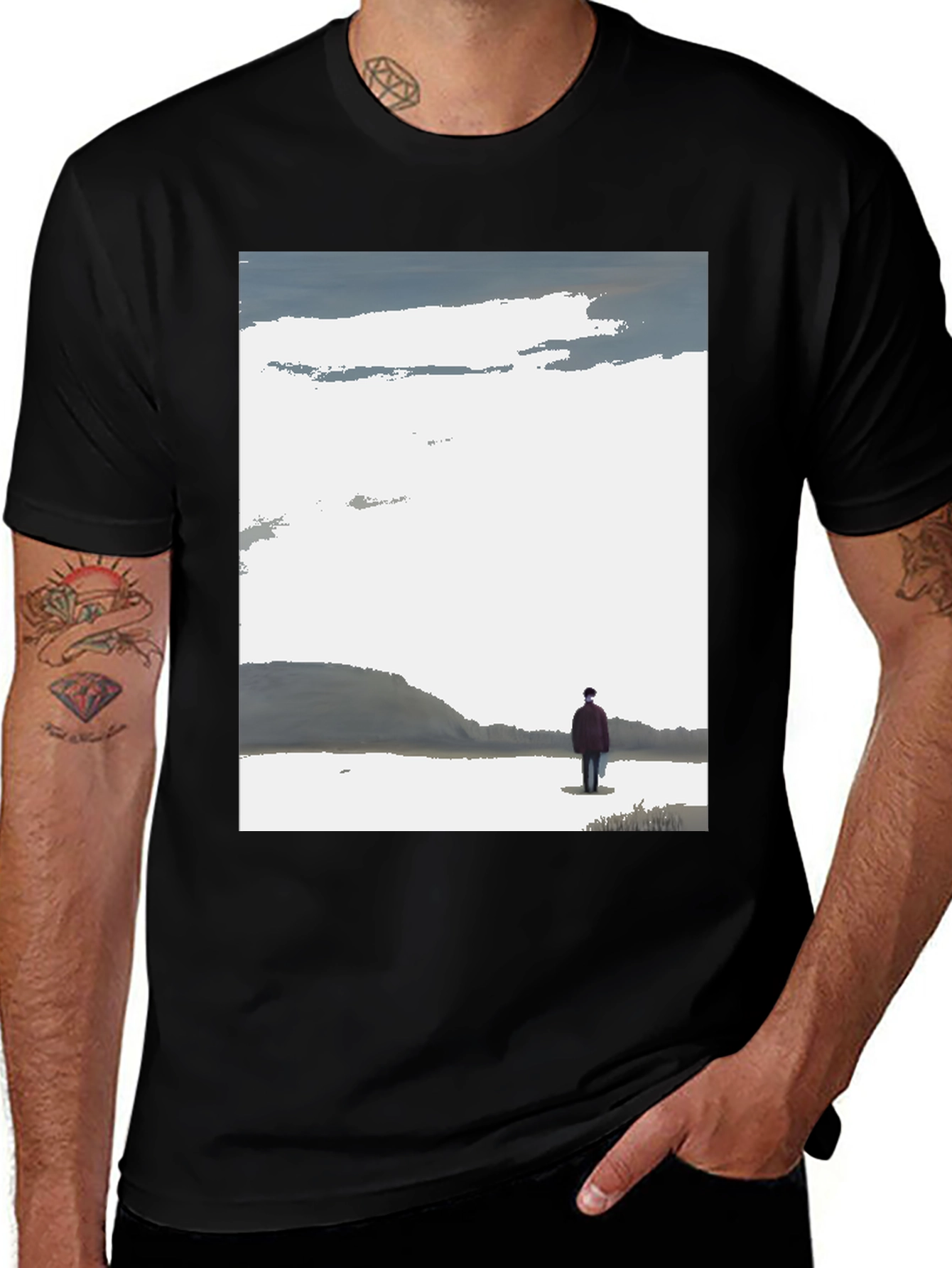 Variant 16 of Contemplative Black T-Shirt with Landscape Print