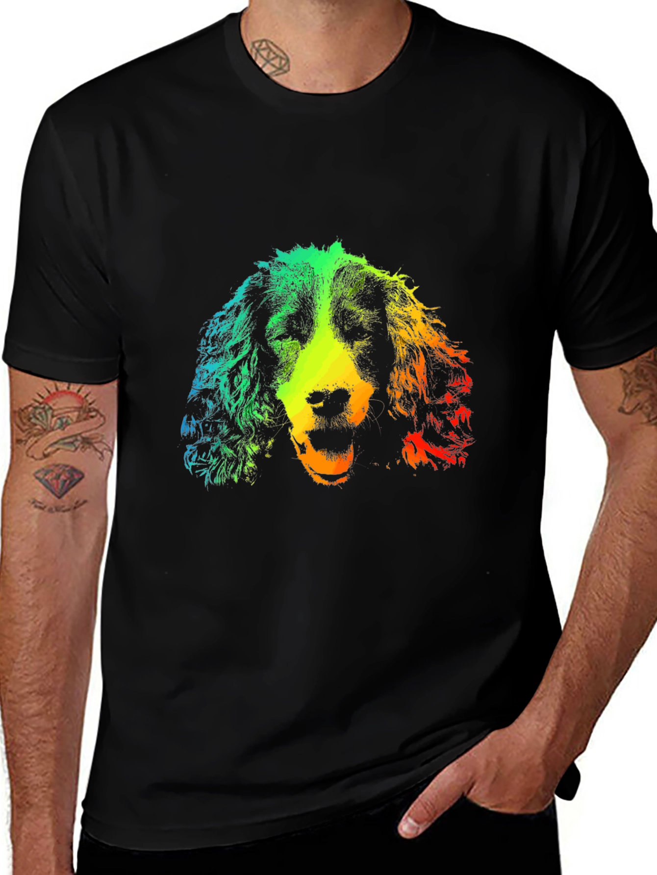 Variant 14 of Rainbow Dog Graphic Tee - Black Cotton T-Shirt