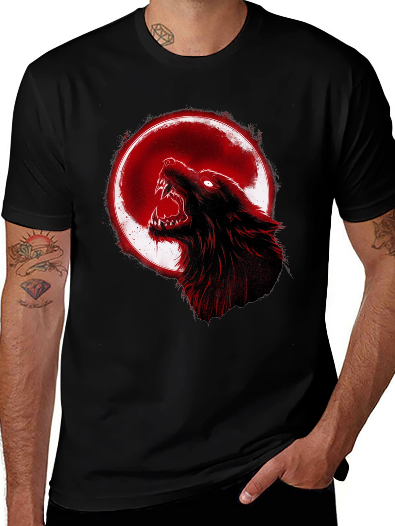 Variant 4 of Full Moon Wolf Graphic Tee - Black Cotton T-Shirt