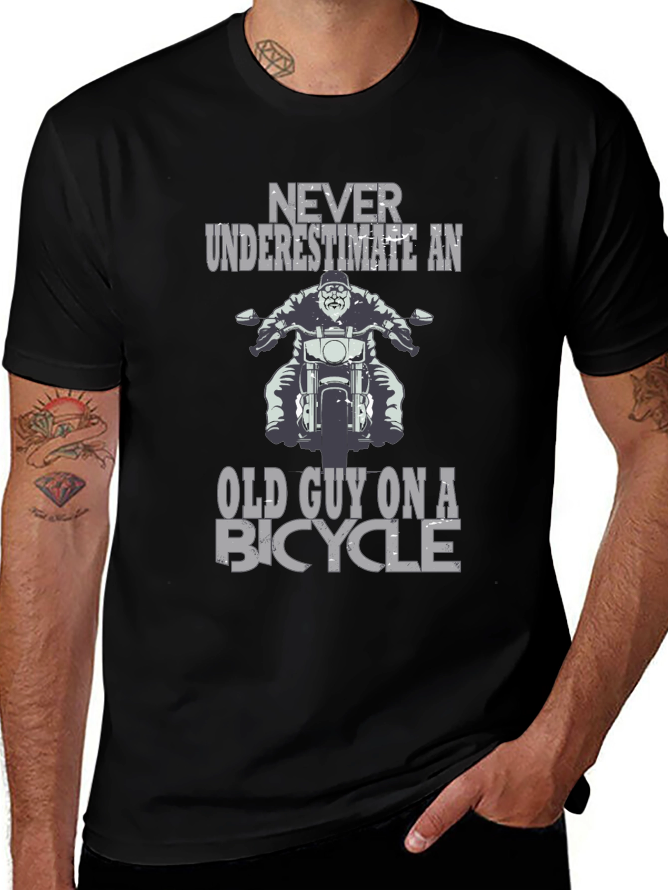 Black Never Underestimate Old Guy on a Bicycle Graphic T-Shirt main image