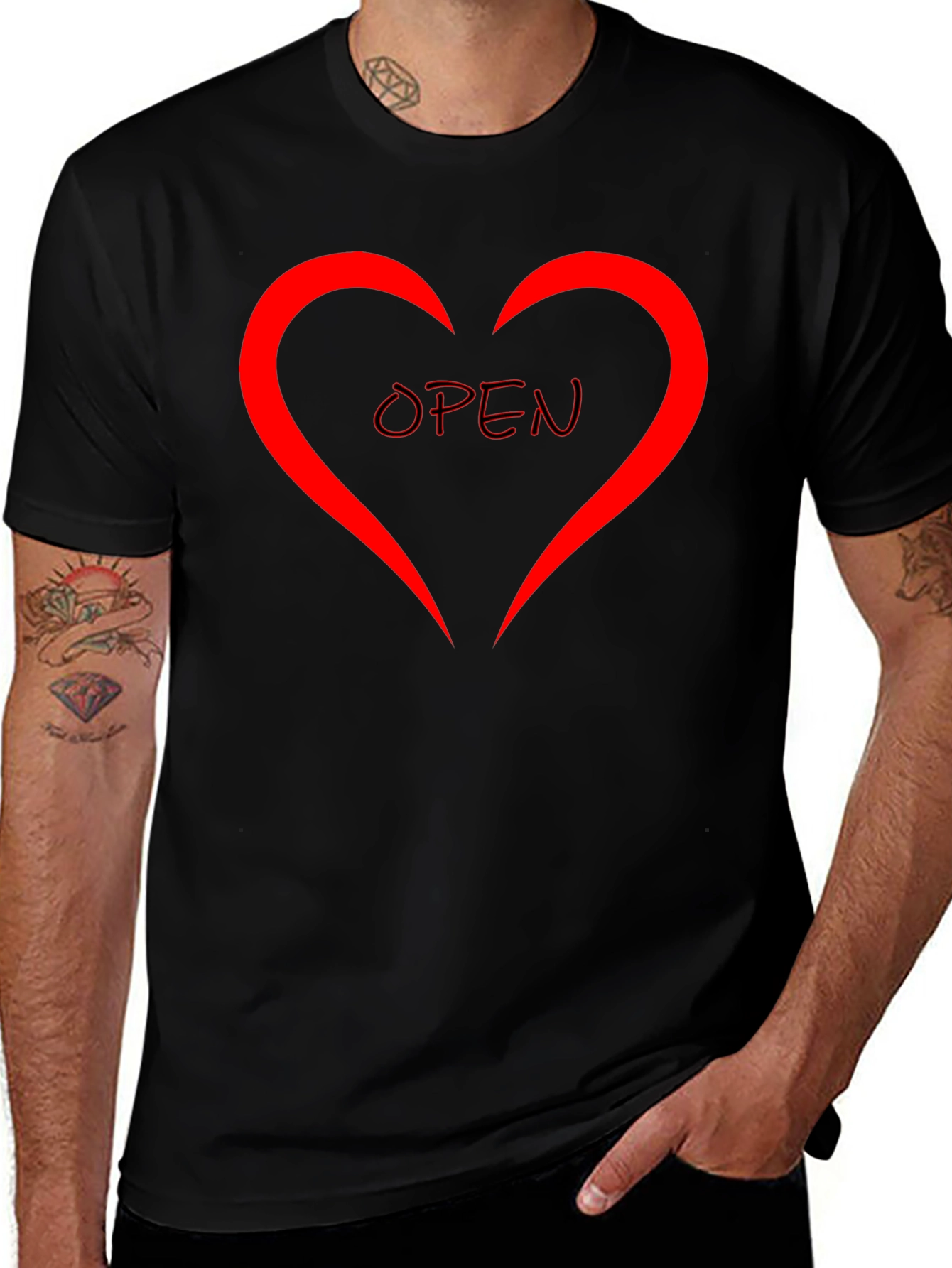 Black Open Heart Graphic Tee - Stylish Black Cotton Shirt main image