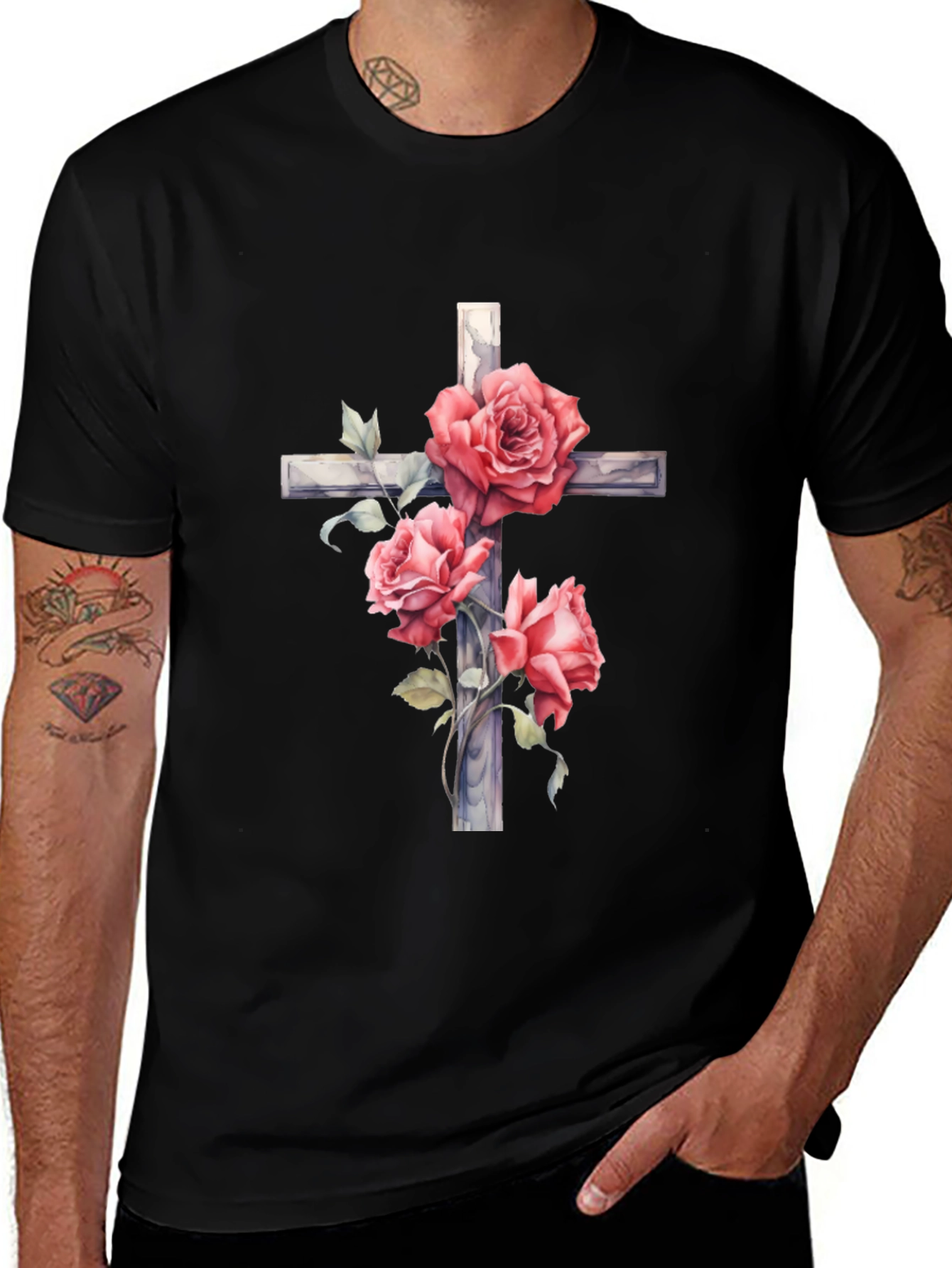 Variant 18 of Rose Cross Graphic T-Shirt - Black