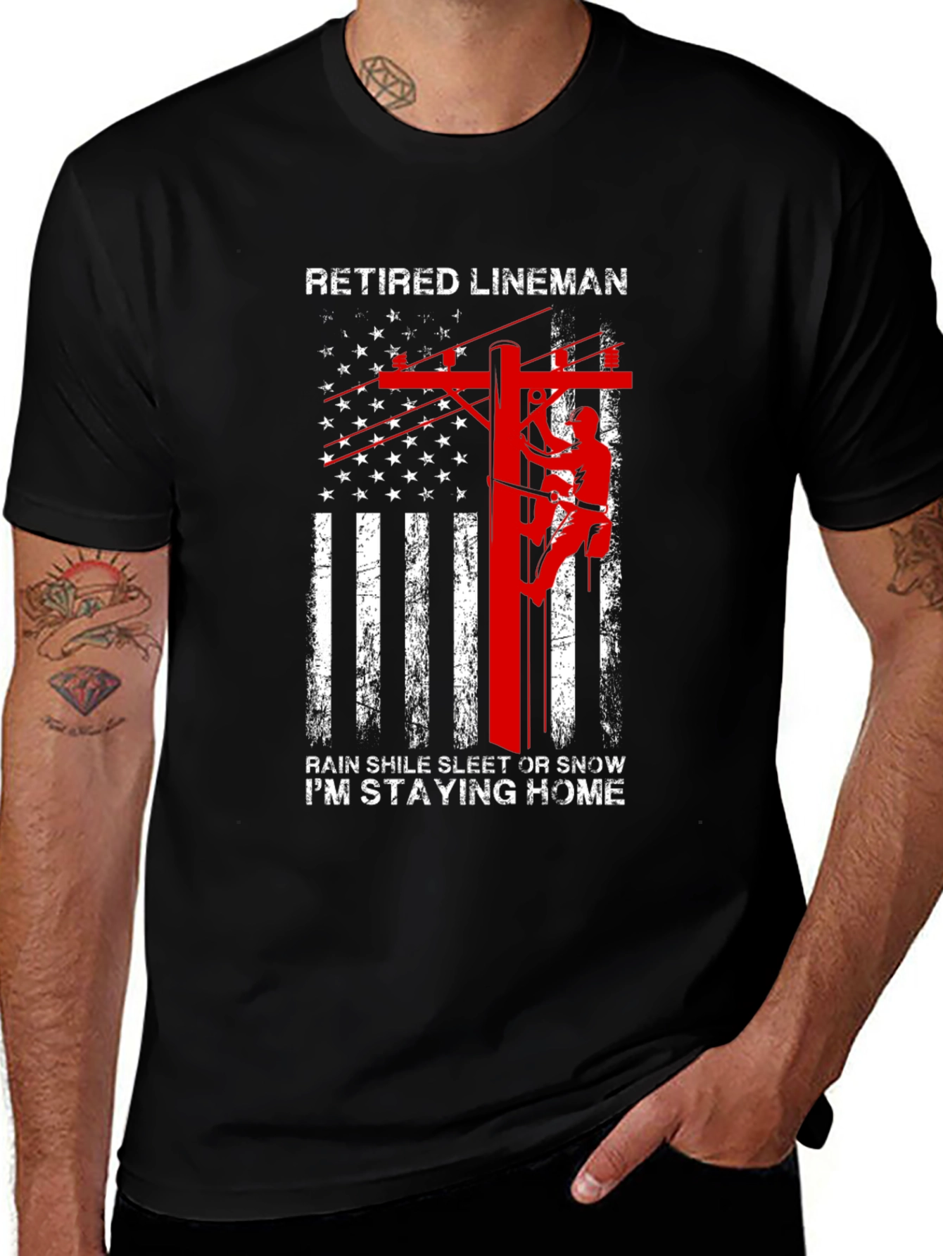 Retired Lineman T-Shirt - American Flag Design