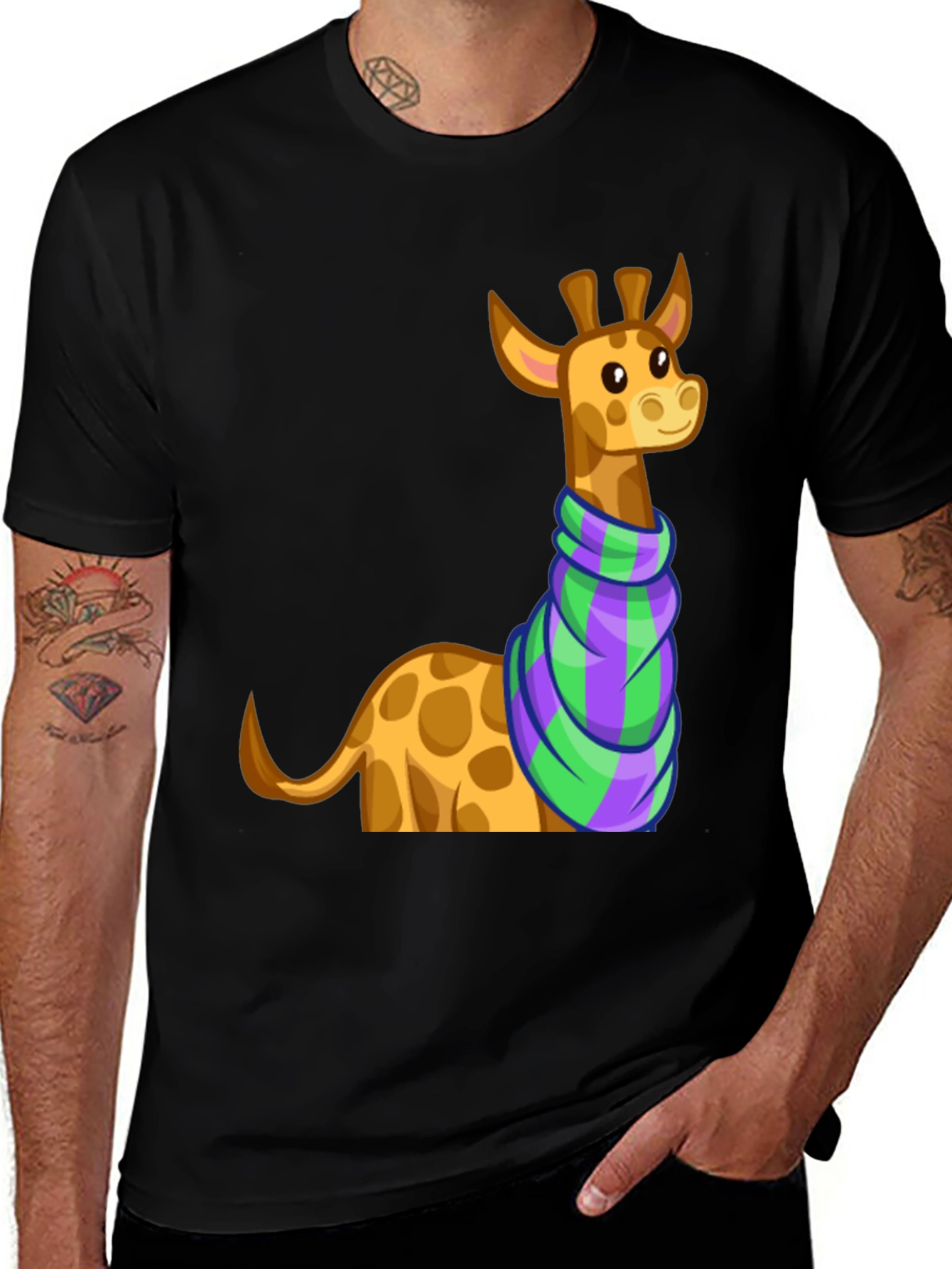 Variant 10 of Giraffe Scarf Graphic Tee - Men's Black T-Shirt