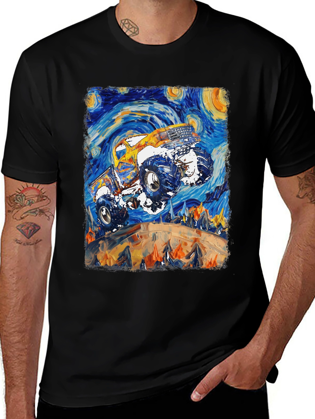 Black Monster Truck Starry Night Art Graphic T-Shirt main image
