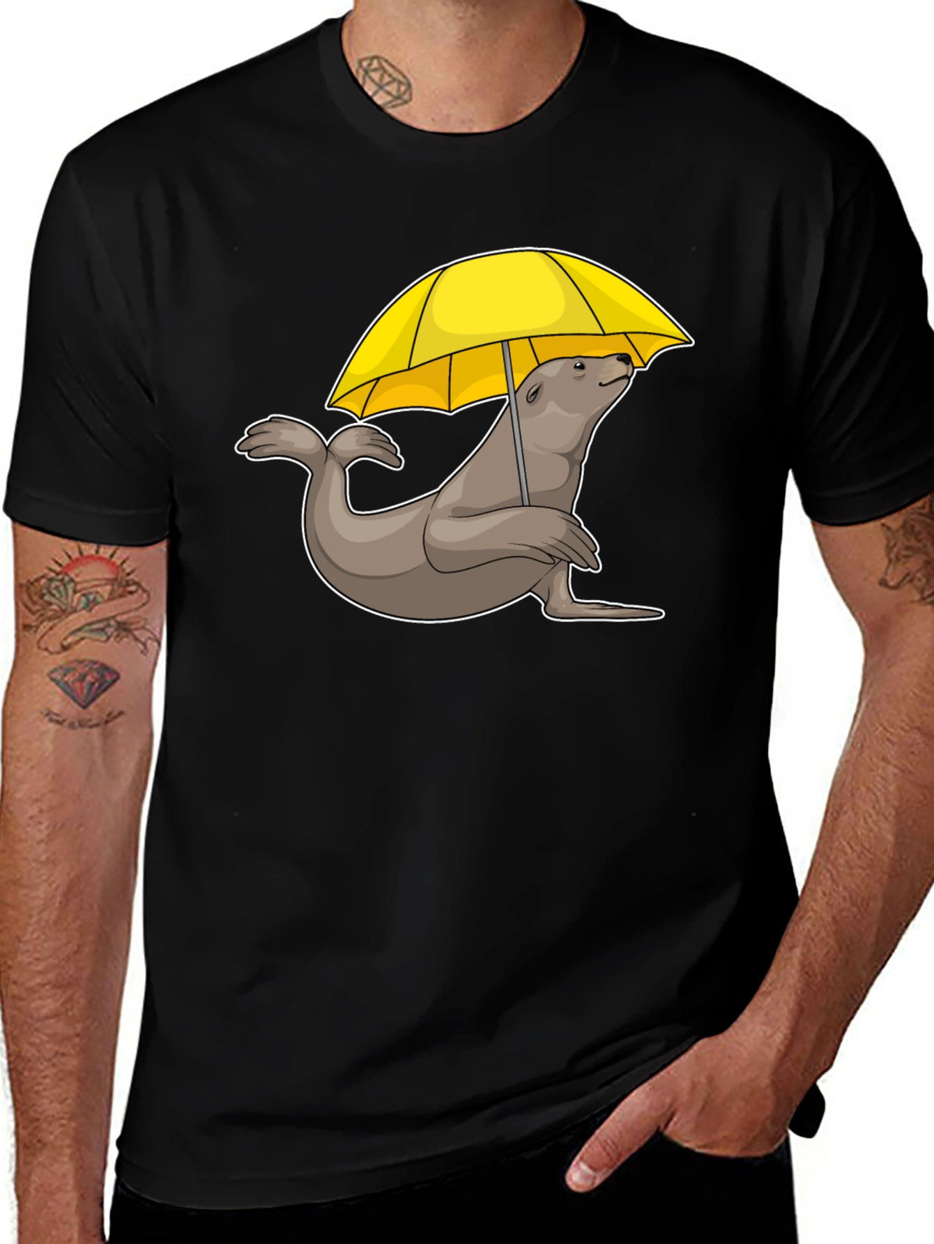 Black Seal with Umbrella T-Shirt - Black Cotton Tee main image