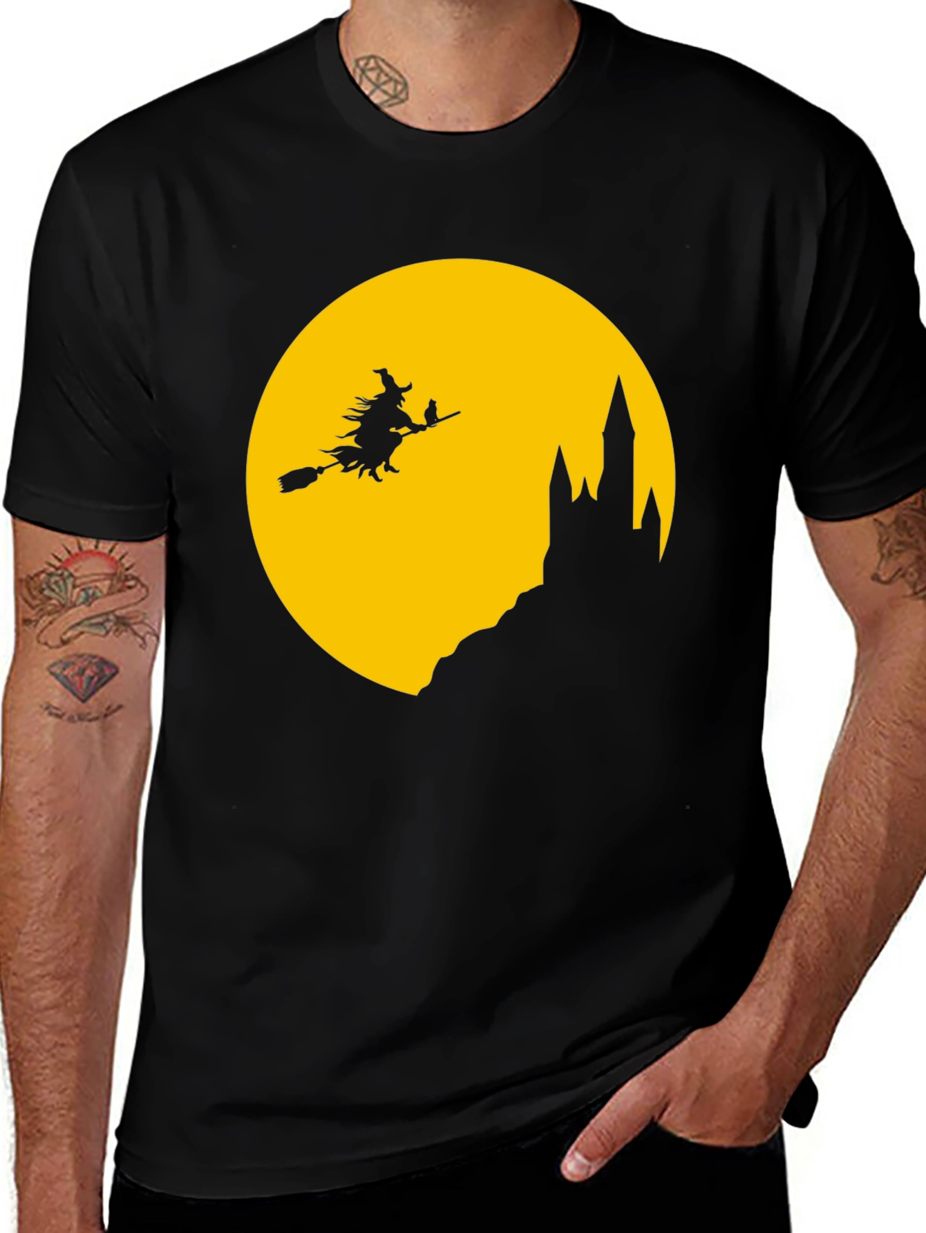 Halloween Witch on Broomstick Black T-Shirt