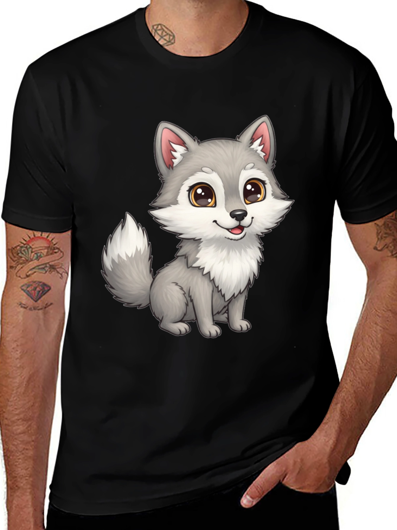 Variant 30 of Cute Wolf Graphic Tee - Black T-Shirt