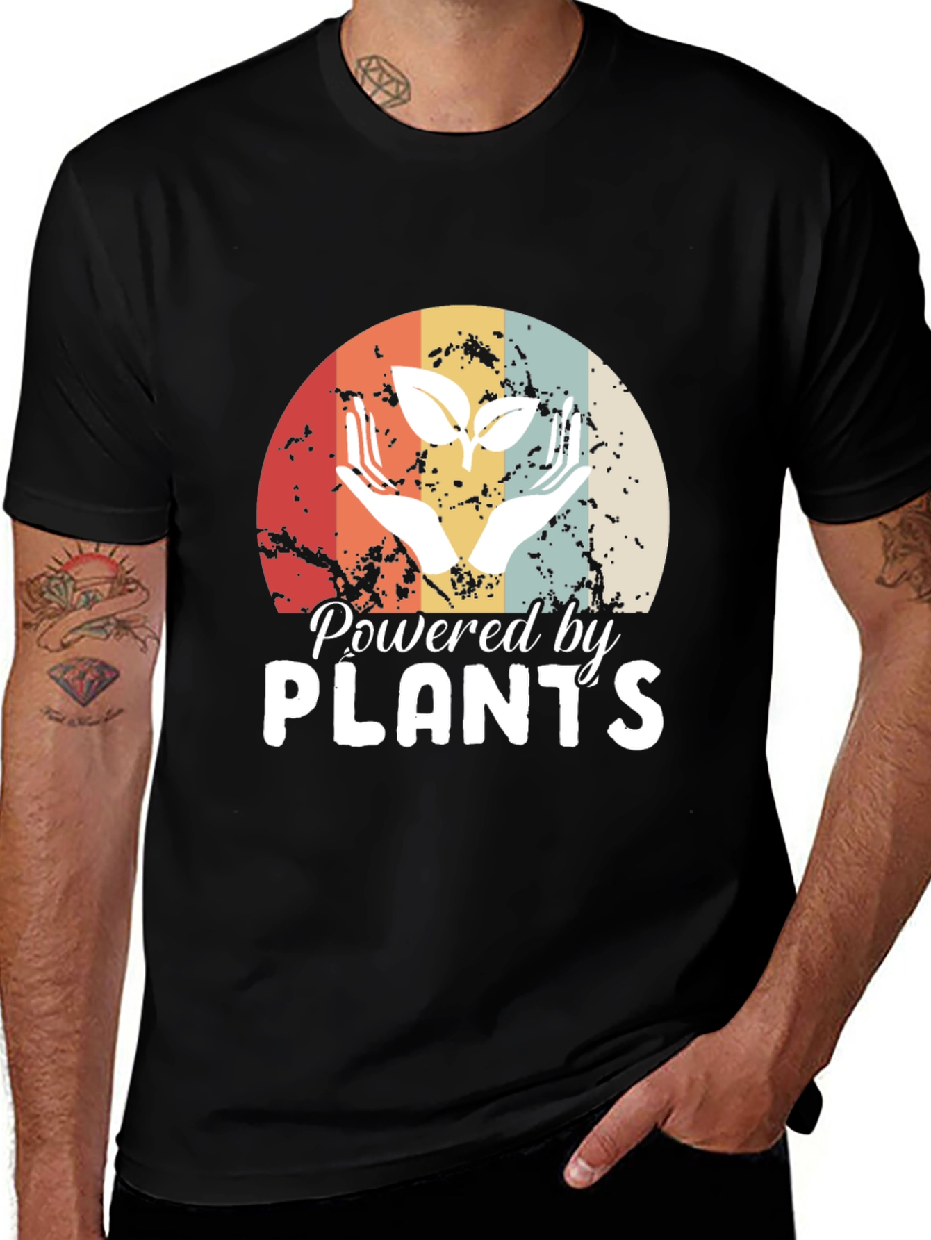 Black Powered by Plants T-Shirt - Retro Vegan Tee main image