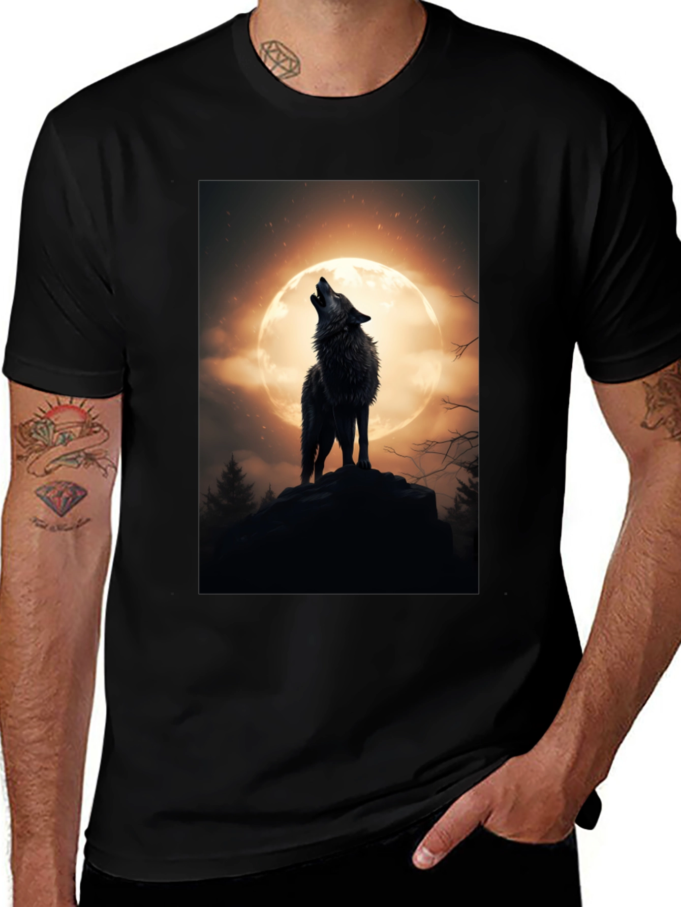 Variant 2 of Wolf Howling at Moon Graphic Black T-Shirt