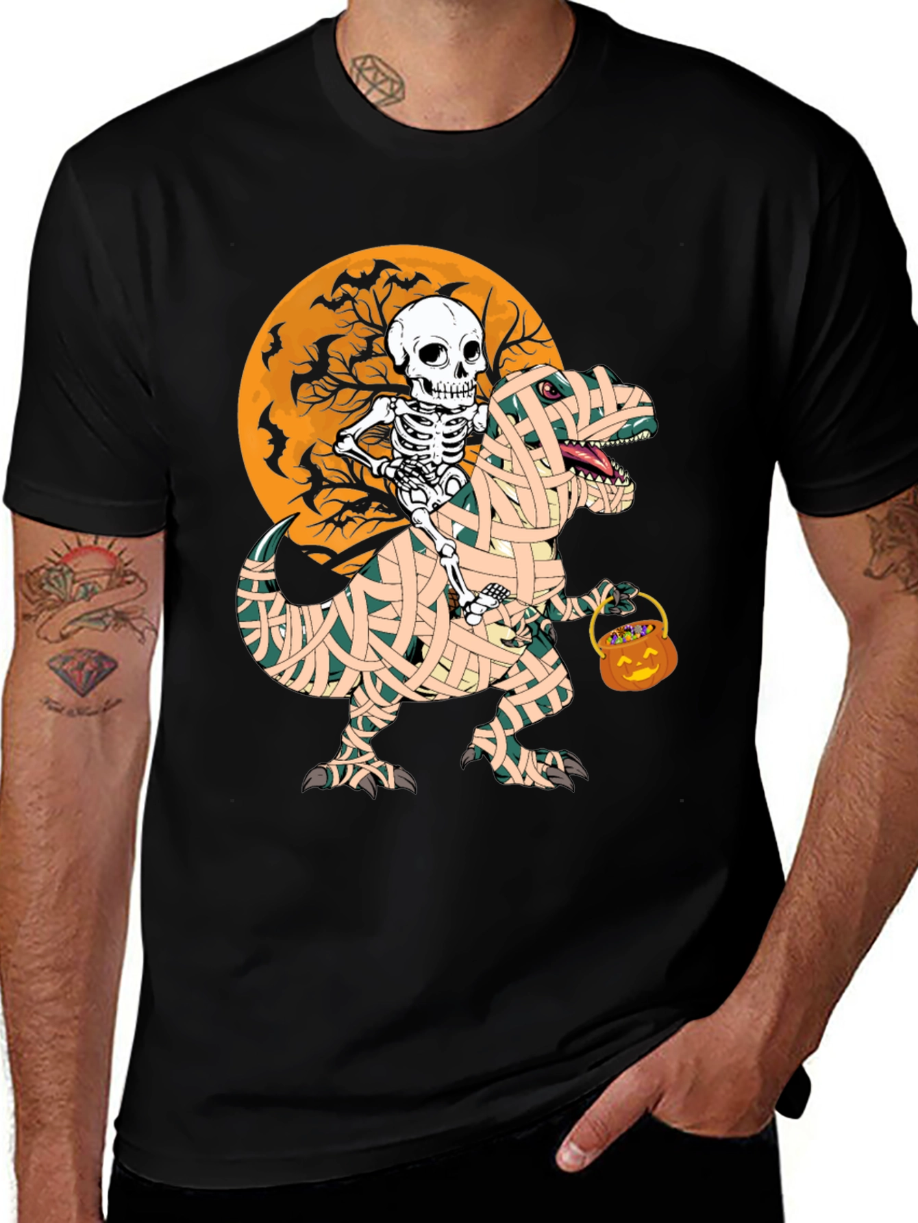 Variant 27 of Halloween Skeleton Riding Mummy Dinosaur T-Shirt