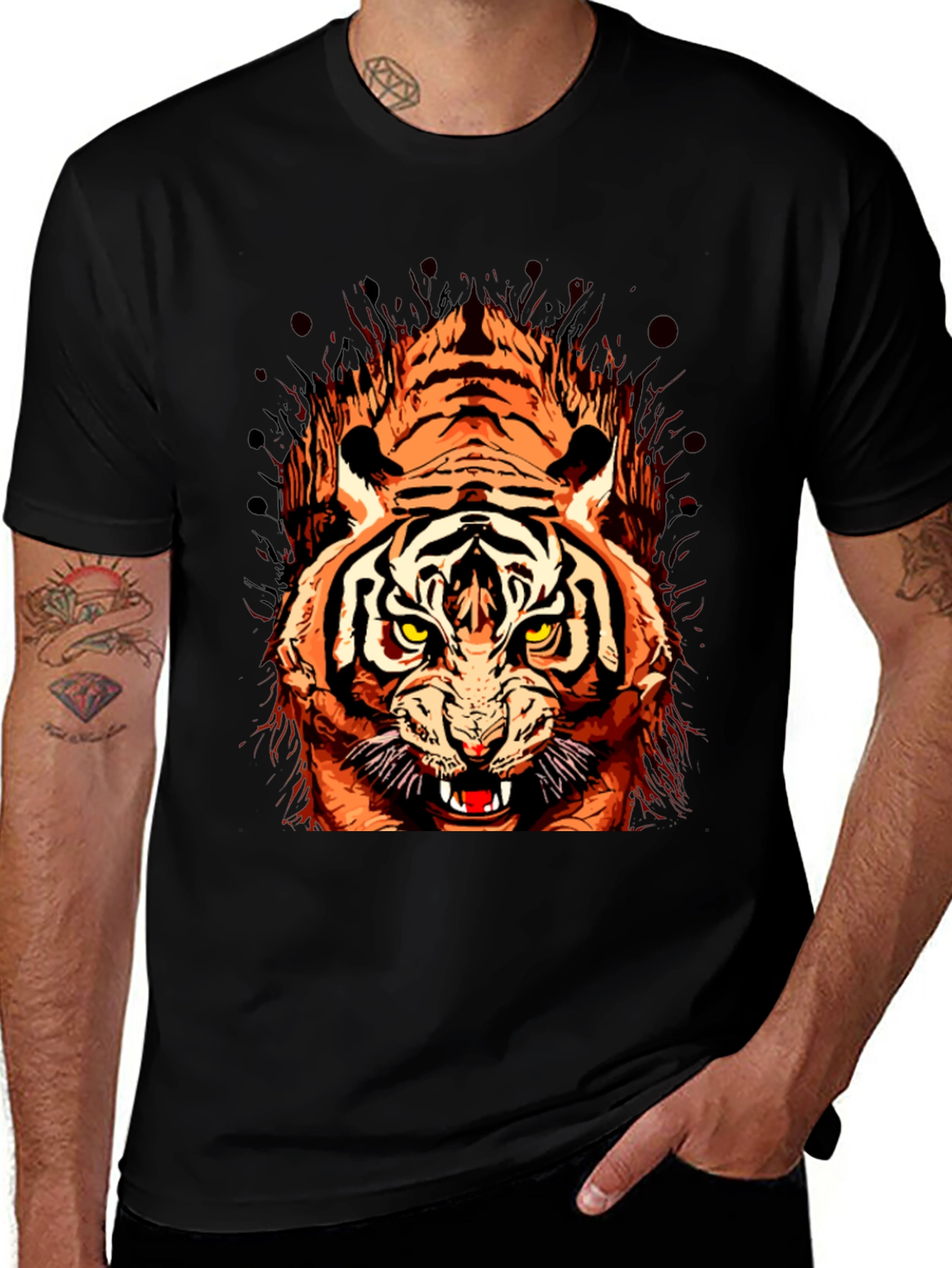 Variant 25 of Men's Graphic Tee - Fierce Tiger Print Black T-Shirt