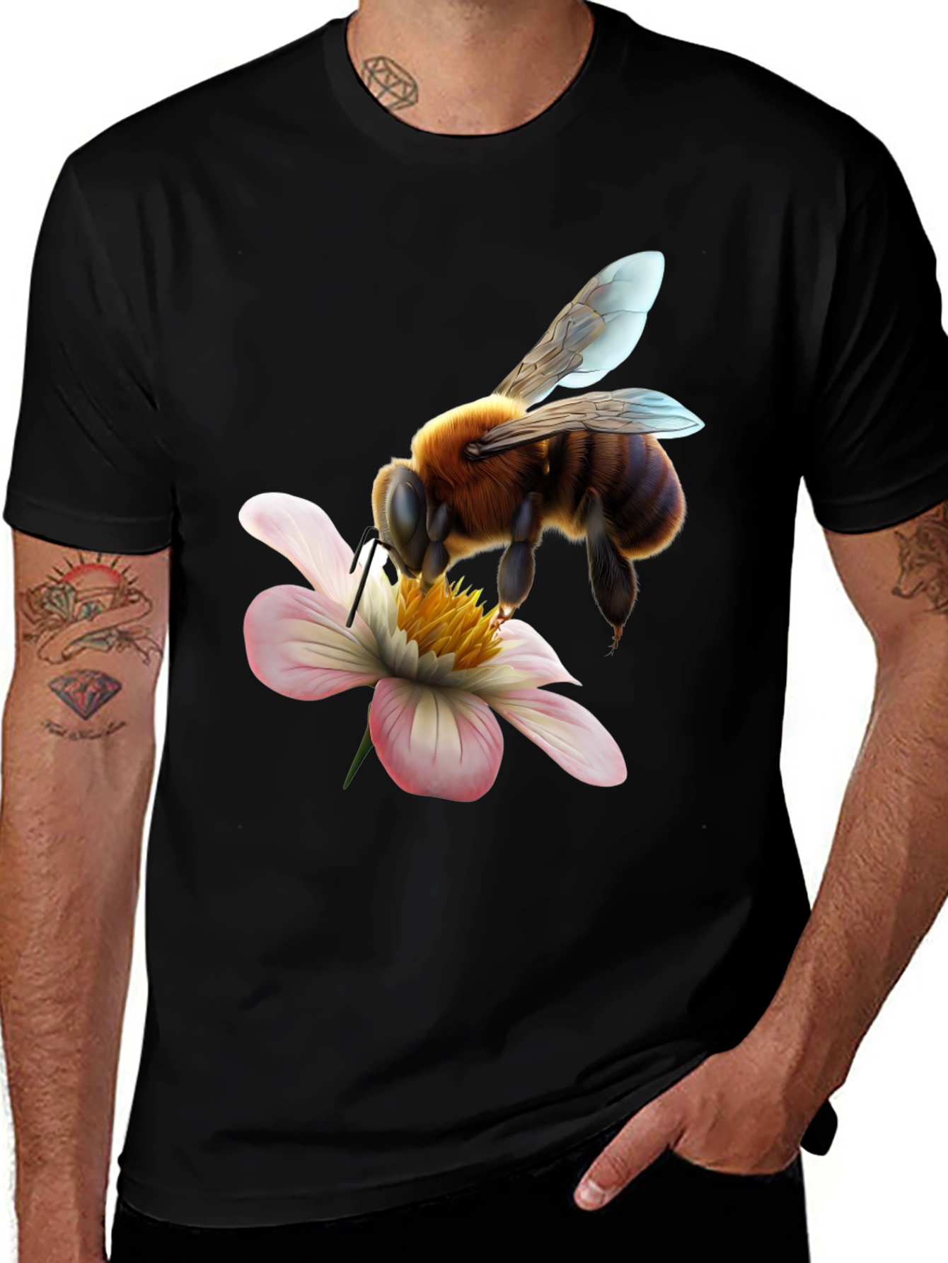Variant 10 of Bee on Flower Graphic Tee - Black Cotton Blend