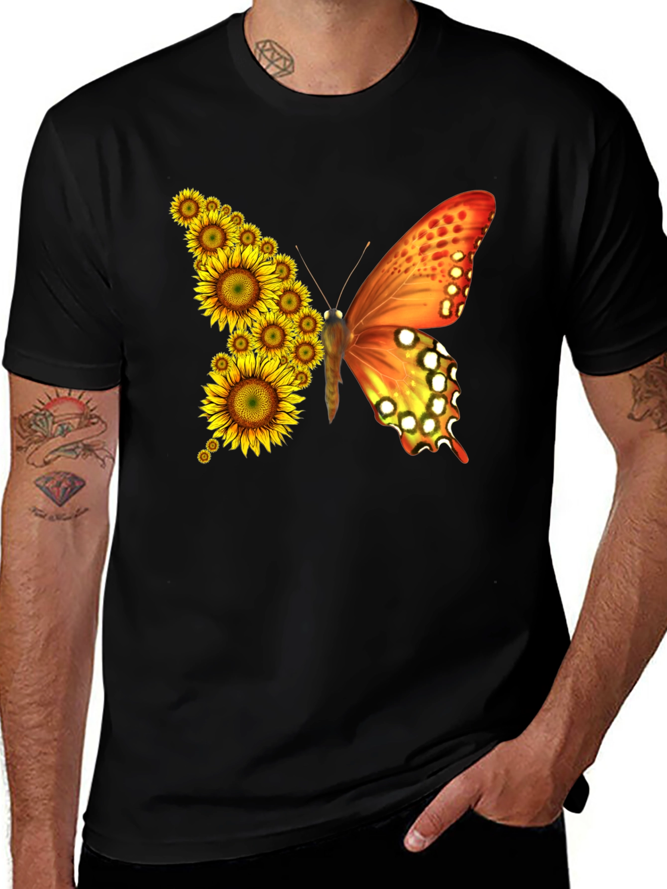 Sunflower Butterfly Graphic Tee - Black Cotton Blend Shirt
