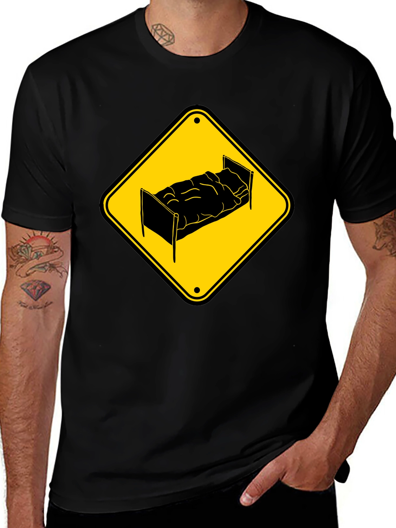 Variant 13 of Black T-Shirt with 'Bed Crossing' Graphic