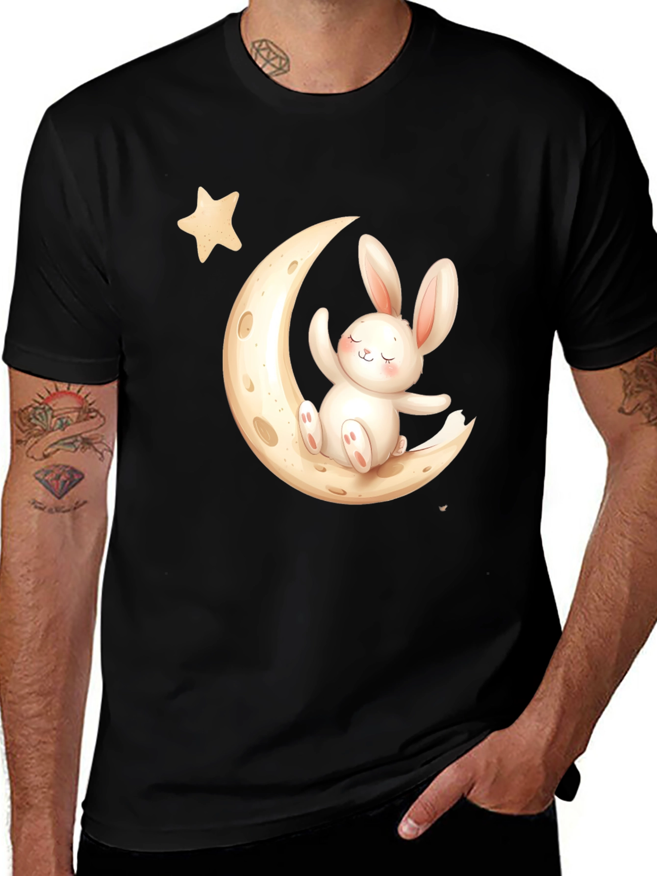 Variant 19 of Cute Bunny on Moon Black T-Shirt