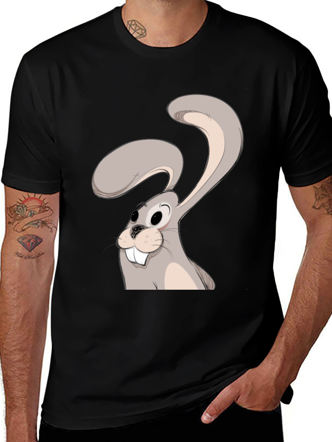 Variant 27 of Cartoon Rabbit Graphic Tee - Black Cotton Blend