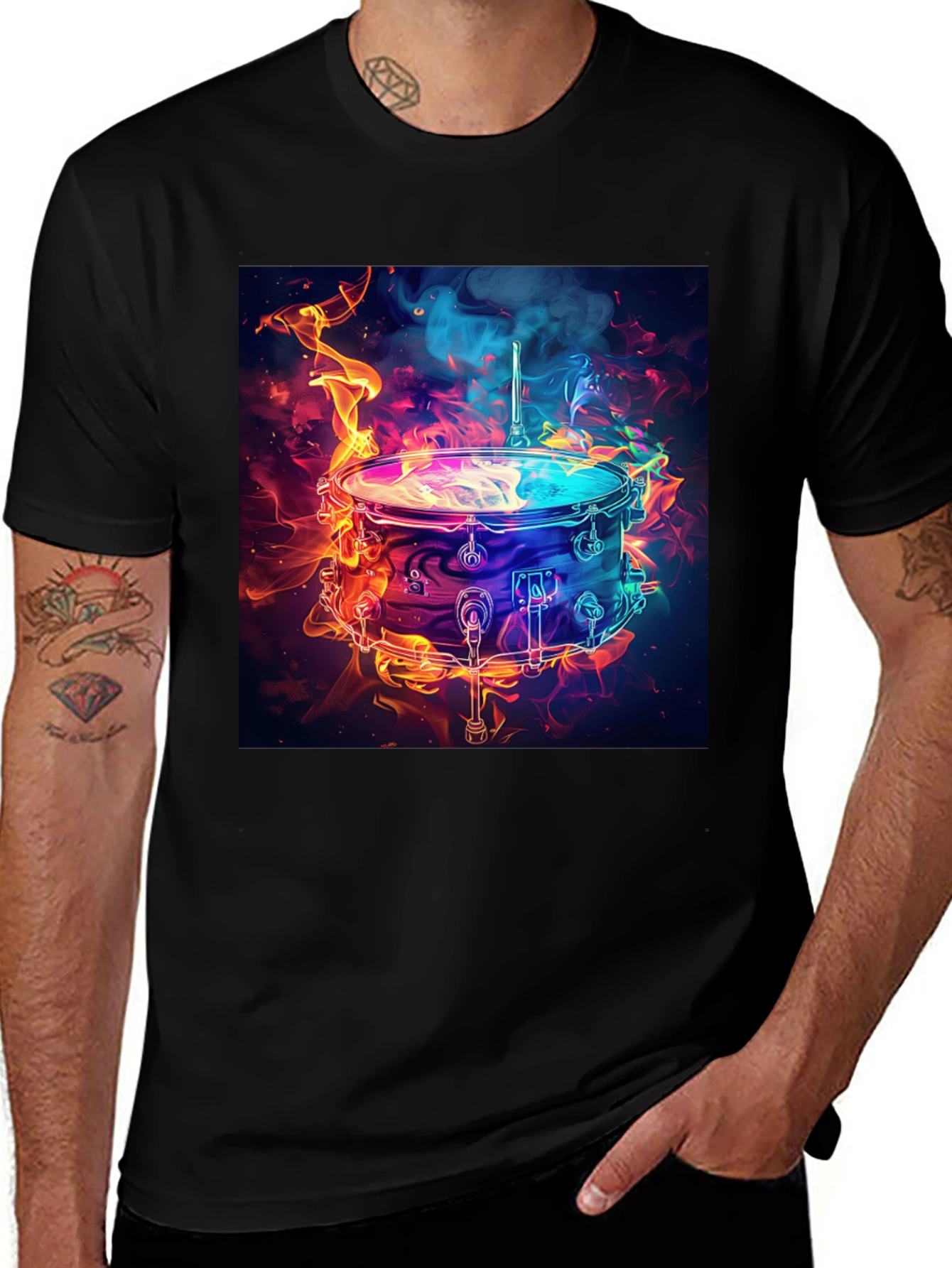Variant 17 of Flaming Drum Graphic Tee - Black Cotton T-Shirt