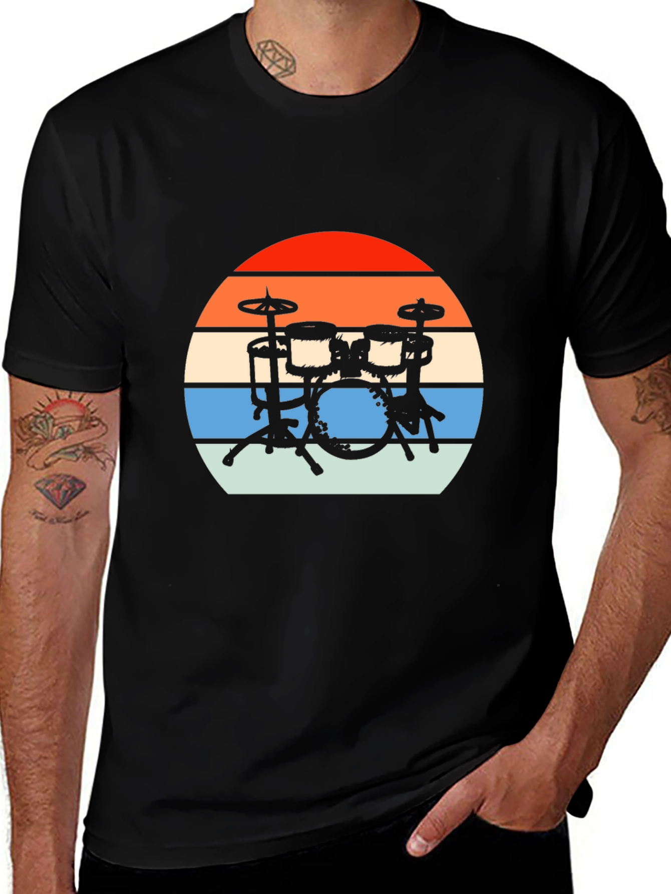 Variant 10 of Retro Drum Set Graphic Tee - Black Cotton T-Shirt