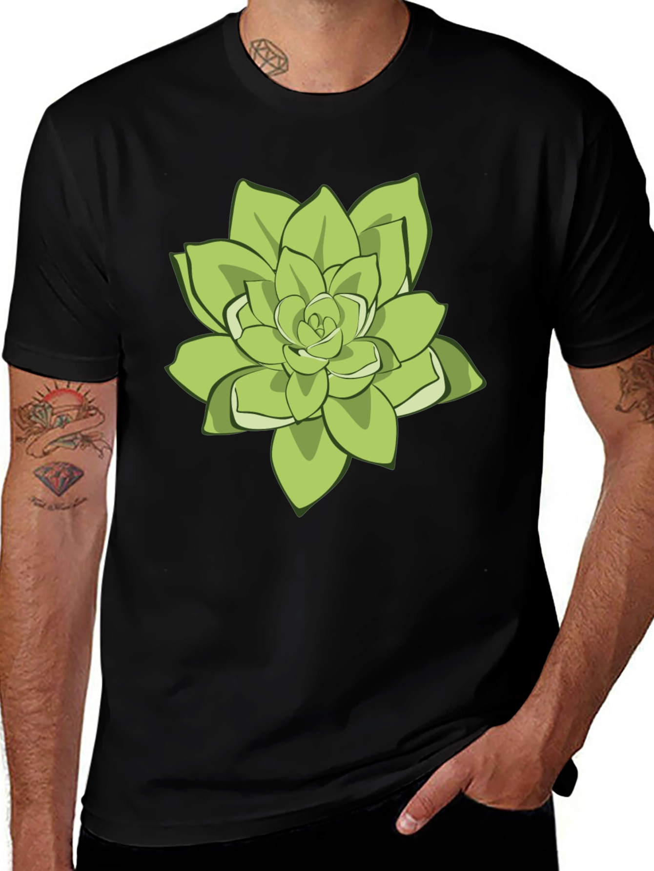 Black Tee with Green Succulent Graphic