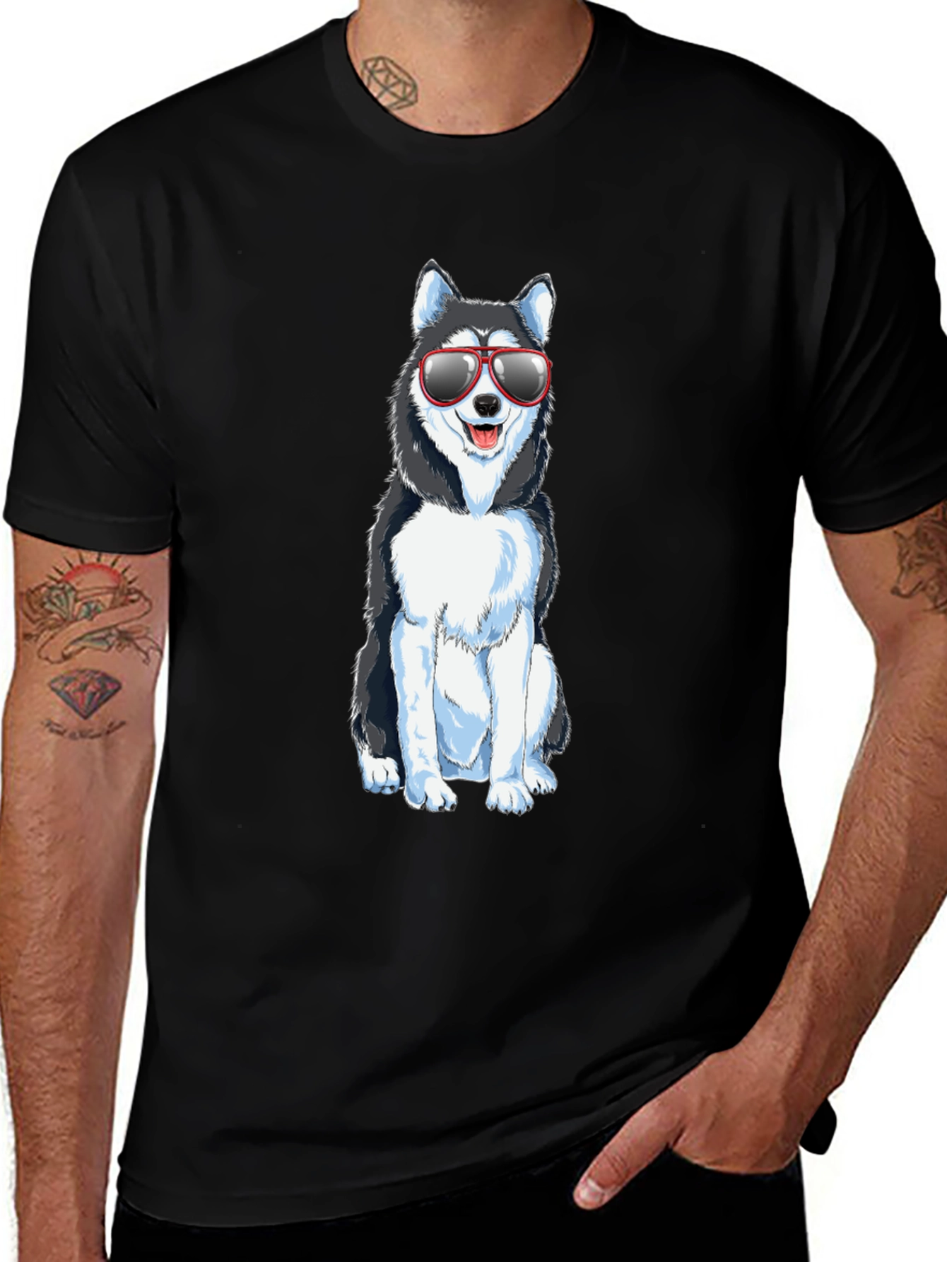 Cool Husky Dog Graphic Tee - Black Cotton T-Shirt