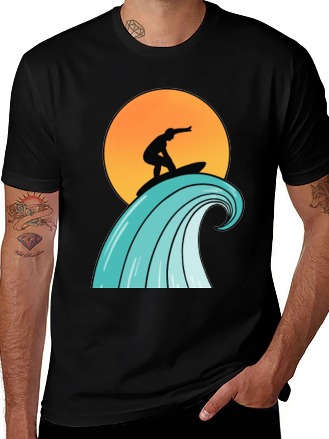 Variant 29 of Surfer Wave Graphic Tee - Black Cotton T-Shirt