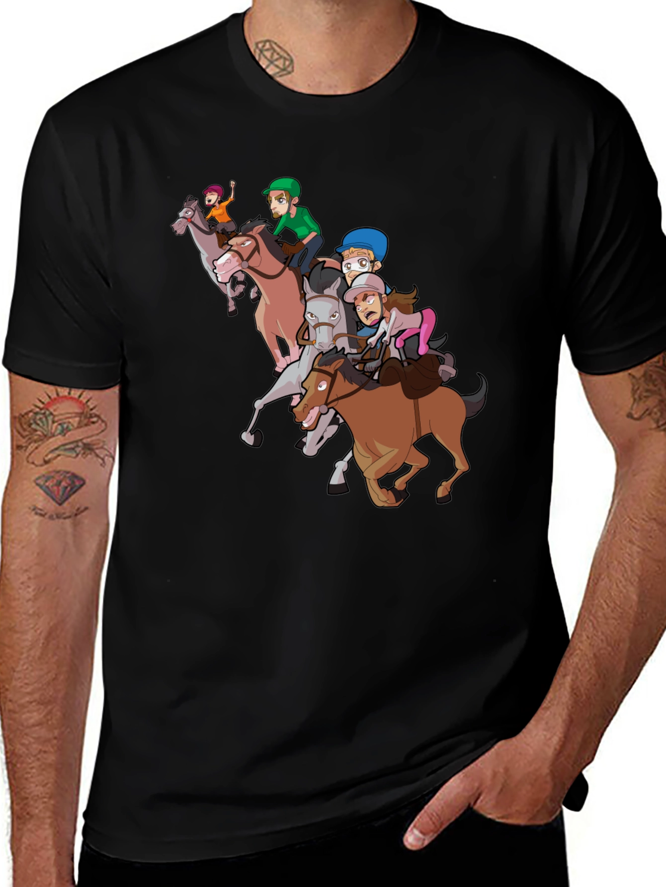 Variant 10 of Cartoon Horse Riders Graphic Black T-Shirt