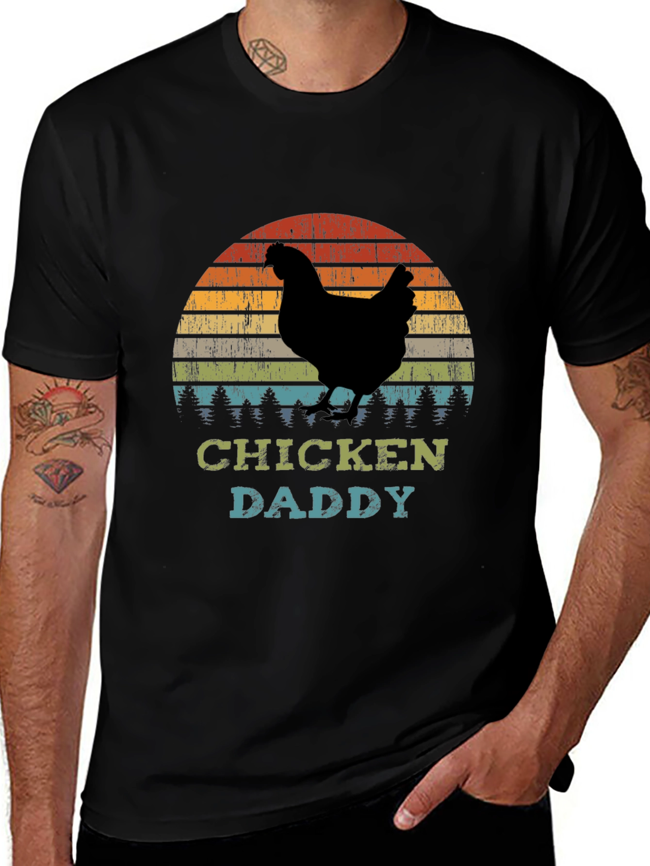 Variant 7 of Chicken Daddy T-Shirt - Retro Sunset Farm Dad Tee