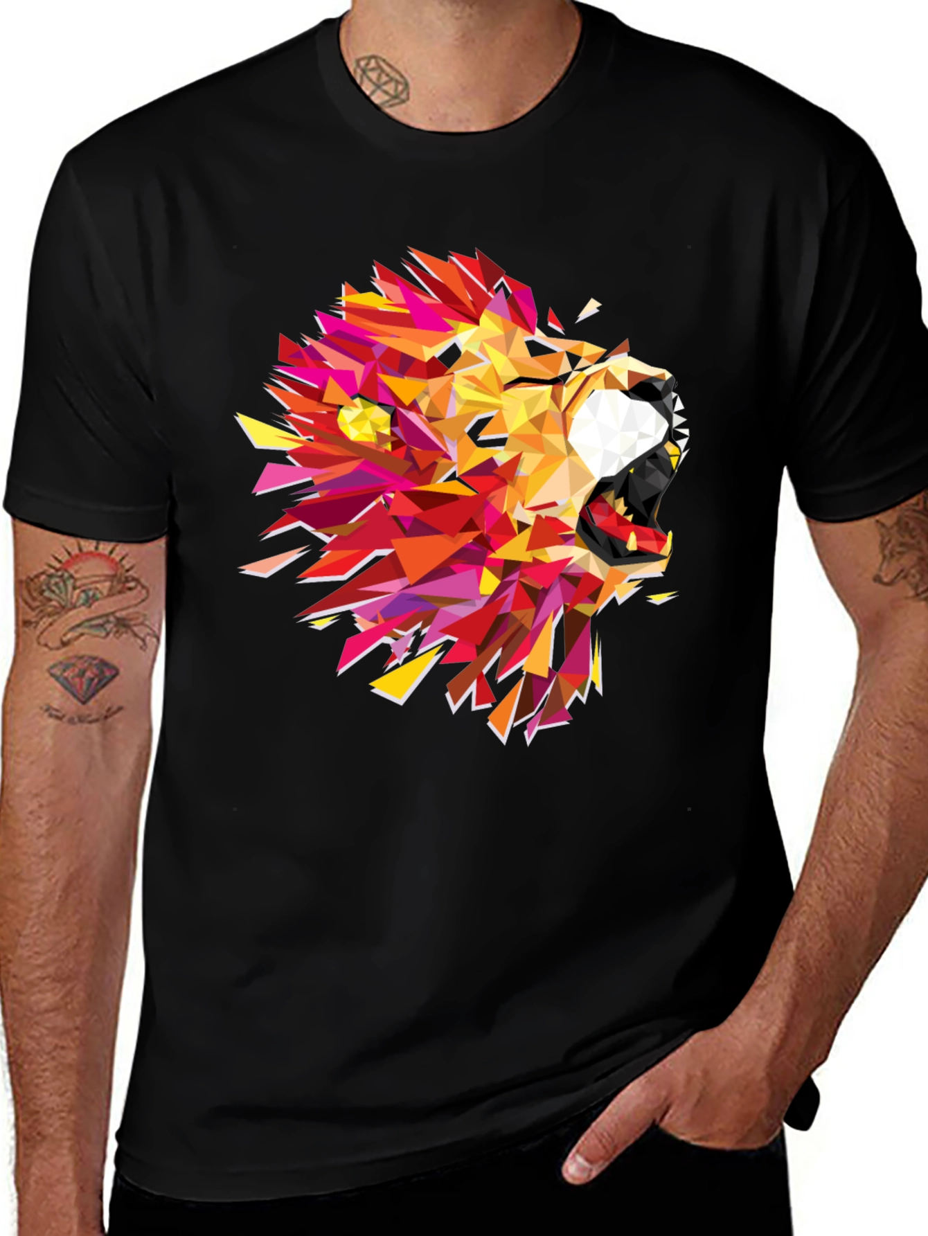 Variant 12 of Geometric Lion Graphic Print Black T-Shirt