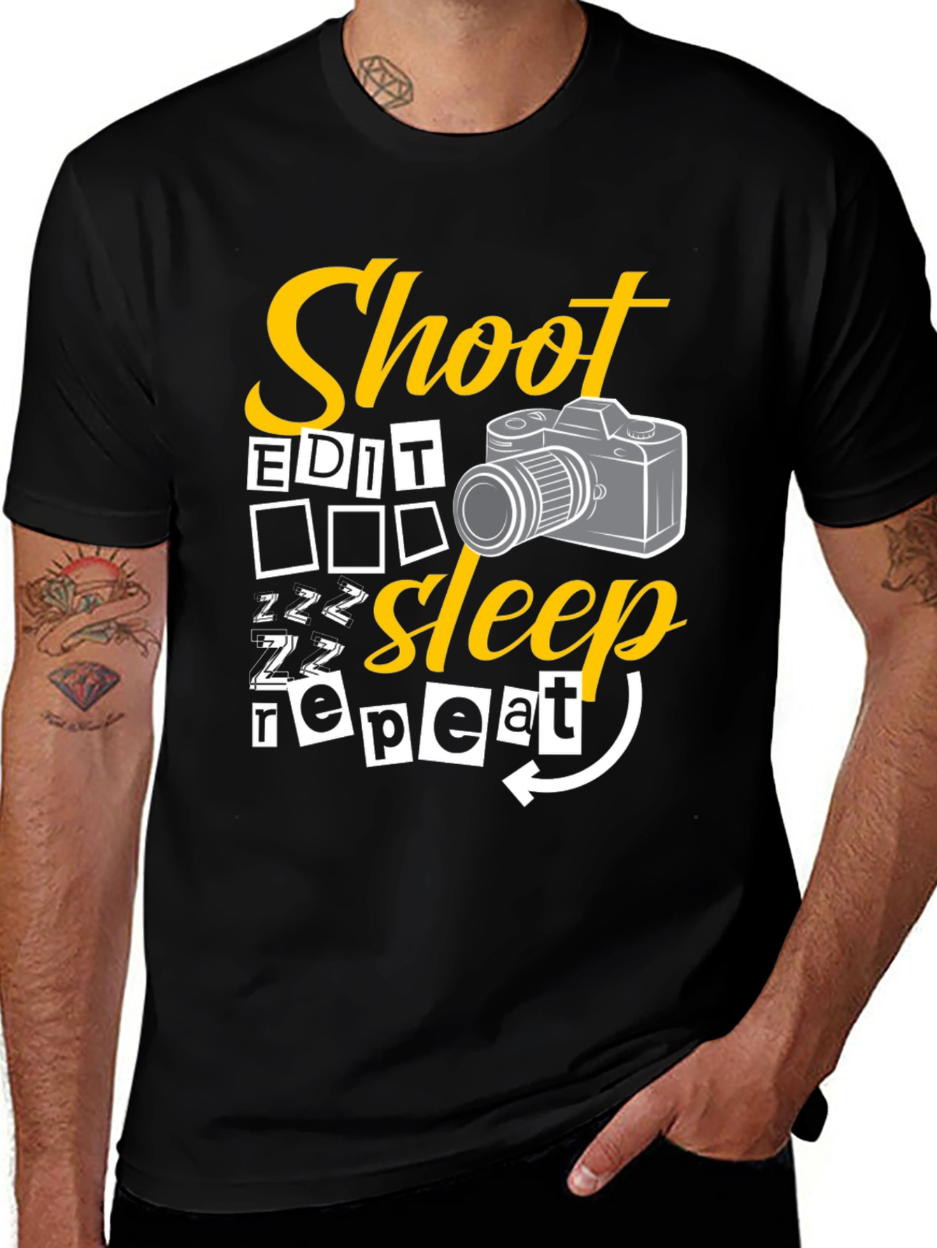 Variant 11 of Shoot Edit Sleep Repeat Black Graphic T-Shirt