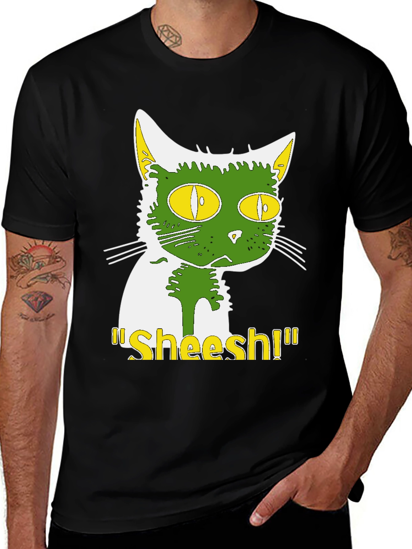 Variant 25 of Sheesh Cat T-Shirt - Green & Yellow Graphic Tee