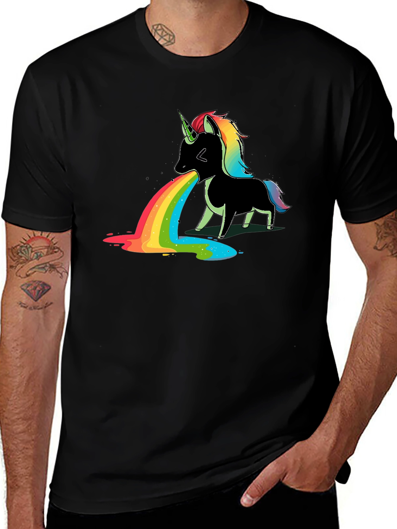 Variant 15 of Unicorn Puke Rainbow Graphic Tee - Black Cotton Shirt