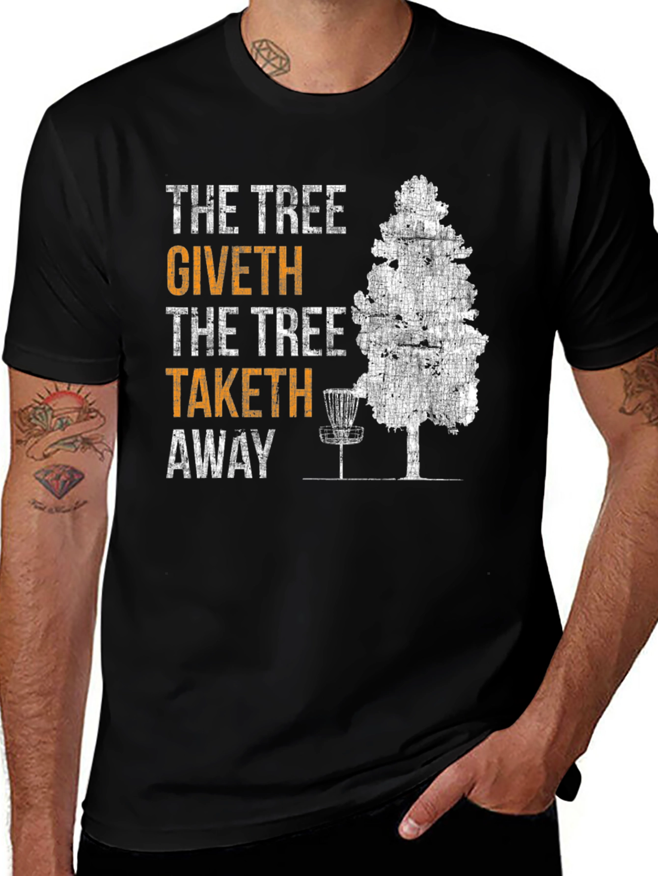 Variant 13 of The Tree Giveth Taketh Away Disc Golf T-Shirt