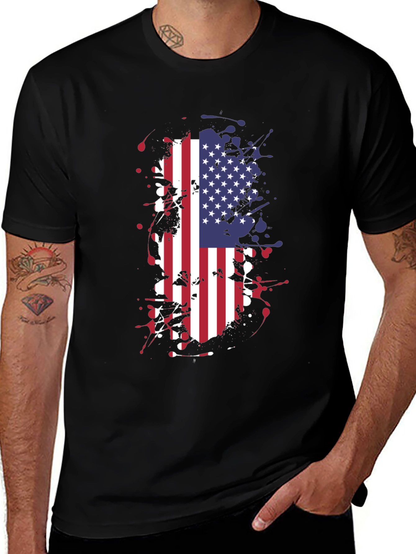 USA Flag Splatter Graphic Tee - Black