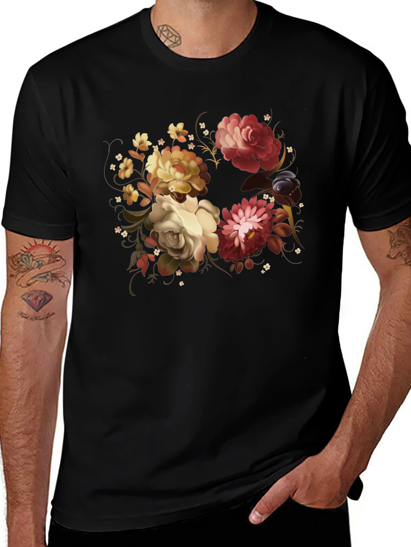 Variant 29 of Floral Print Black T-Shirt - Elegant & Stylish Men's Tee