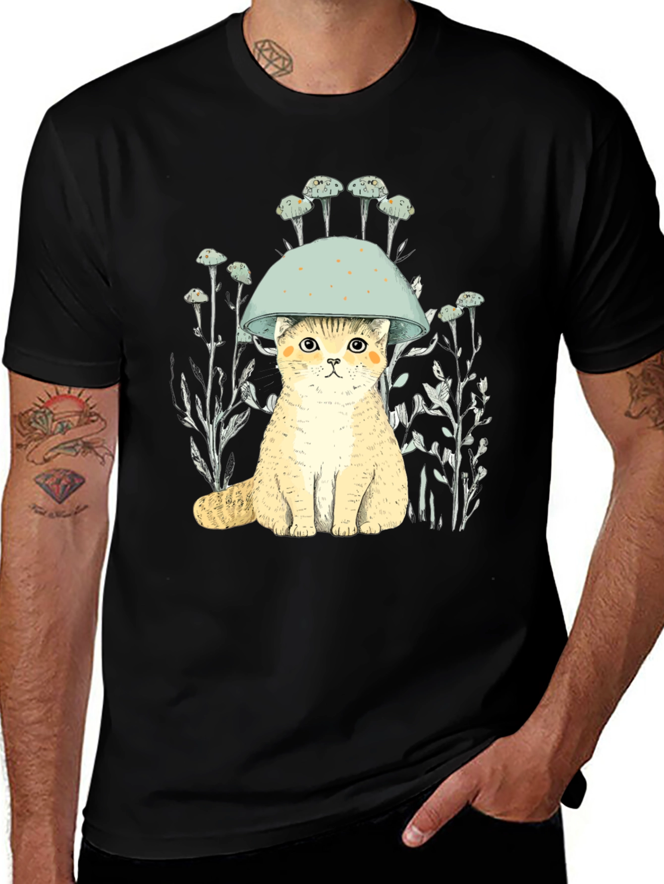 Variant 29 of Cat in Mushroom Hat Black T-Shirt