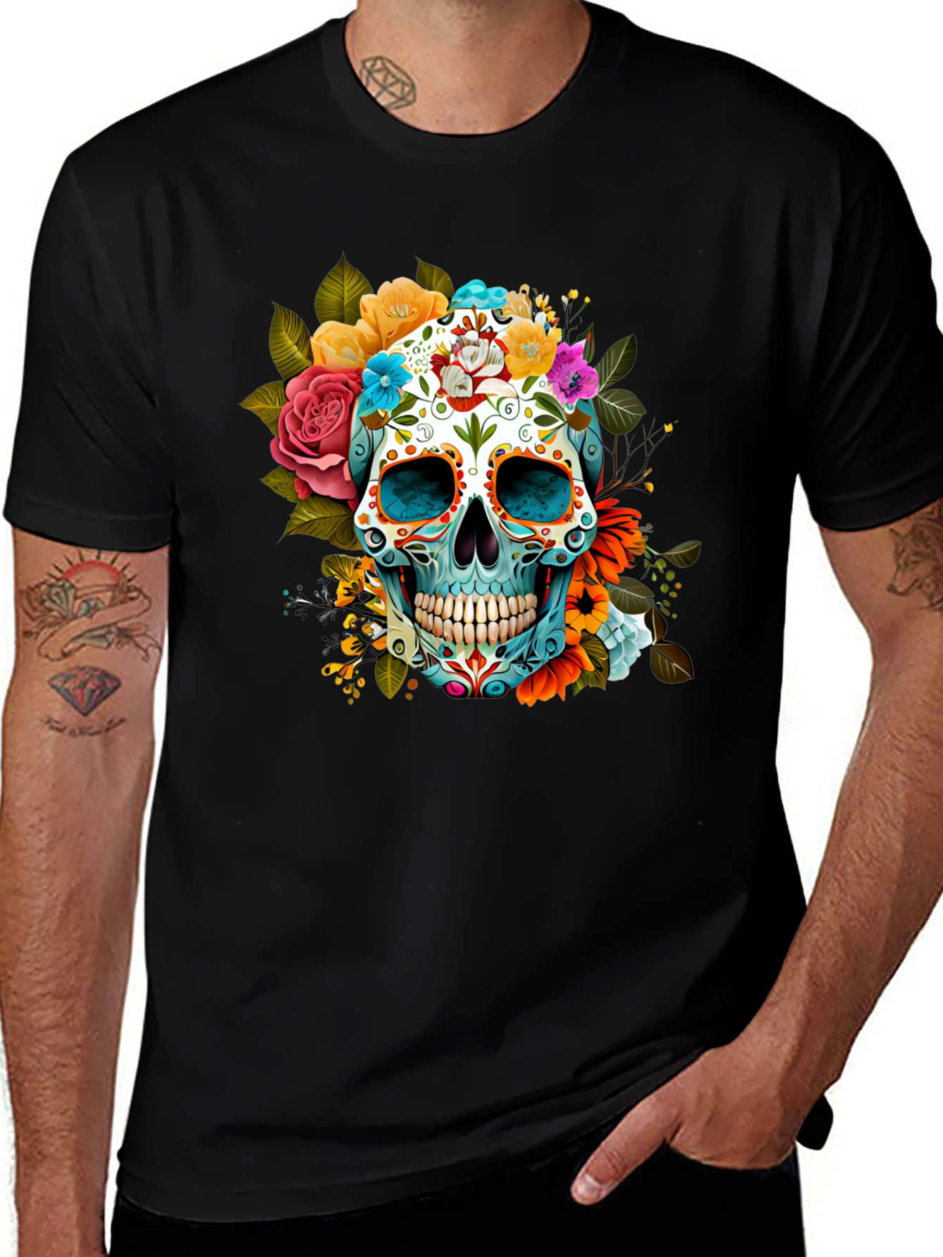 Variant 26 of Floral Sugar Skull Graphic Tee - Dia de los Muertos