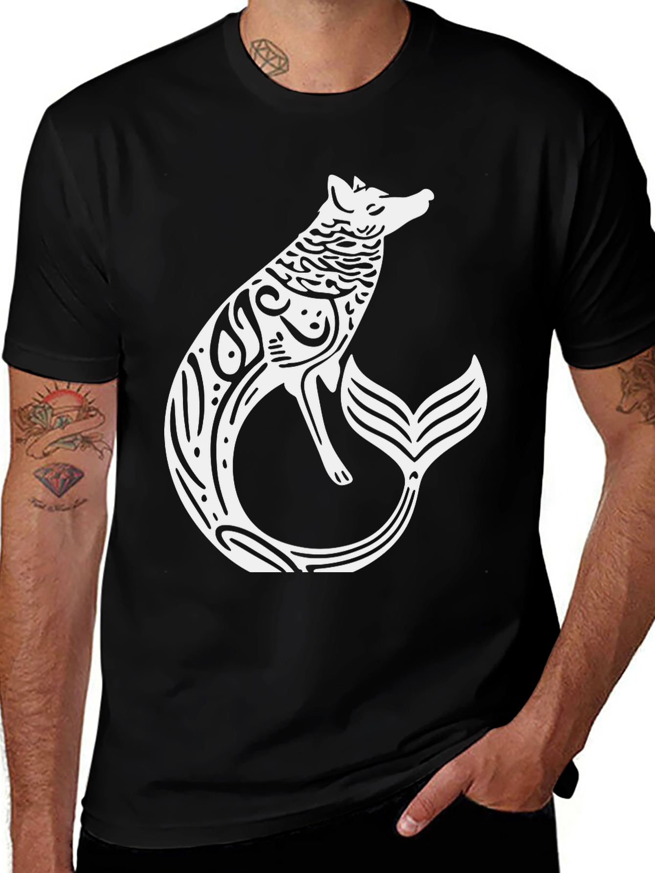 Variant 23 of Tribal Fox-Mermaid Graphic Tee - Stylish Black T-Shirt